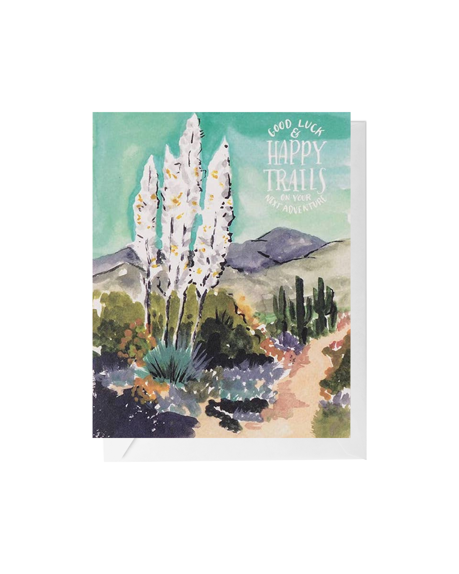 Rectangular greeting card with envelope, with a watercolor agave plant and the words Good Luck & Happy Trails on Your Next Adventure