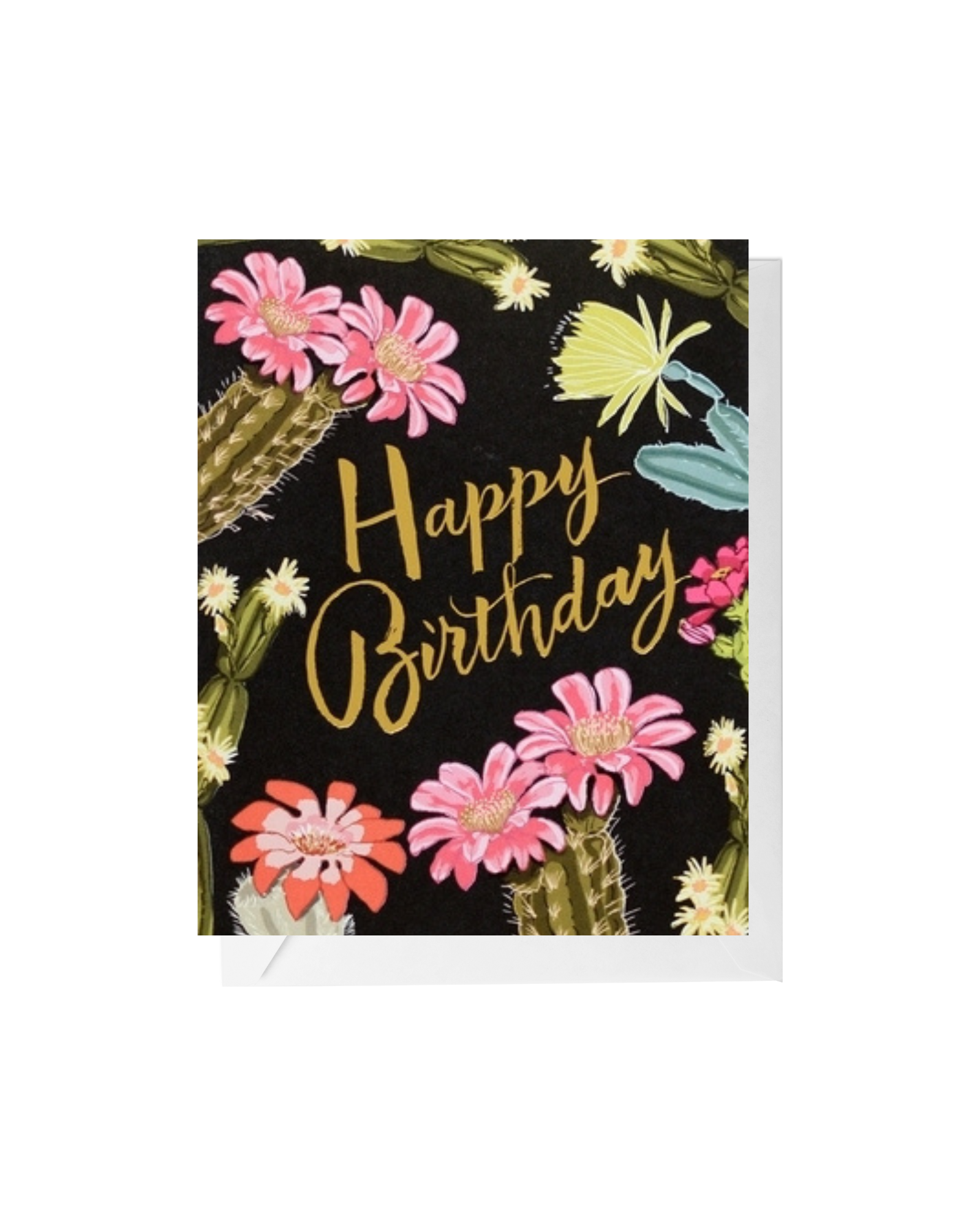 Black greeting card with a white envelope. Colorful blooming cacti surround text that reads "happy birthday" in gold script.