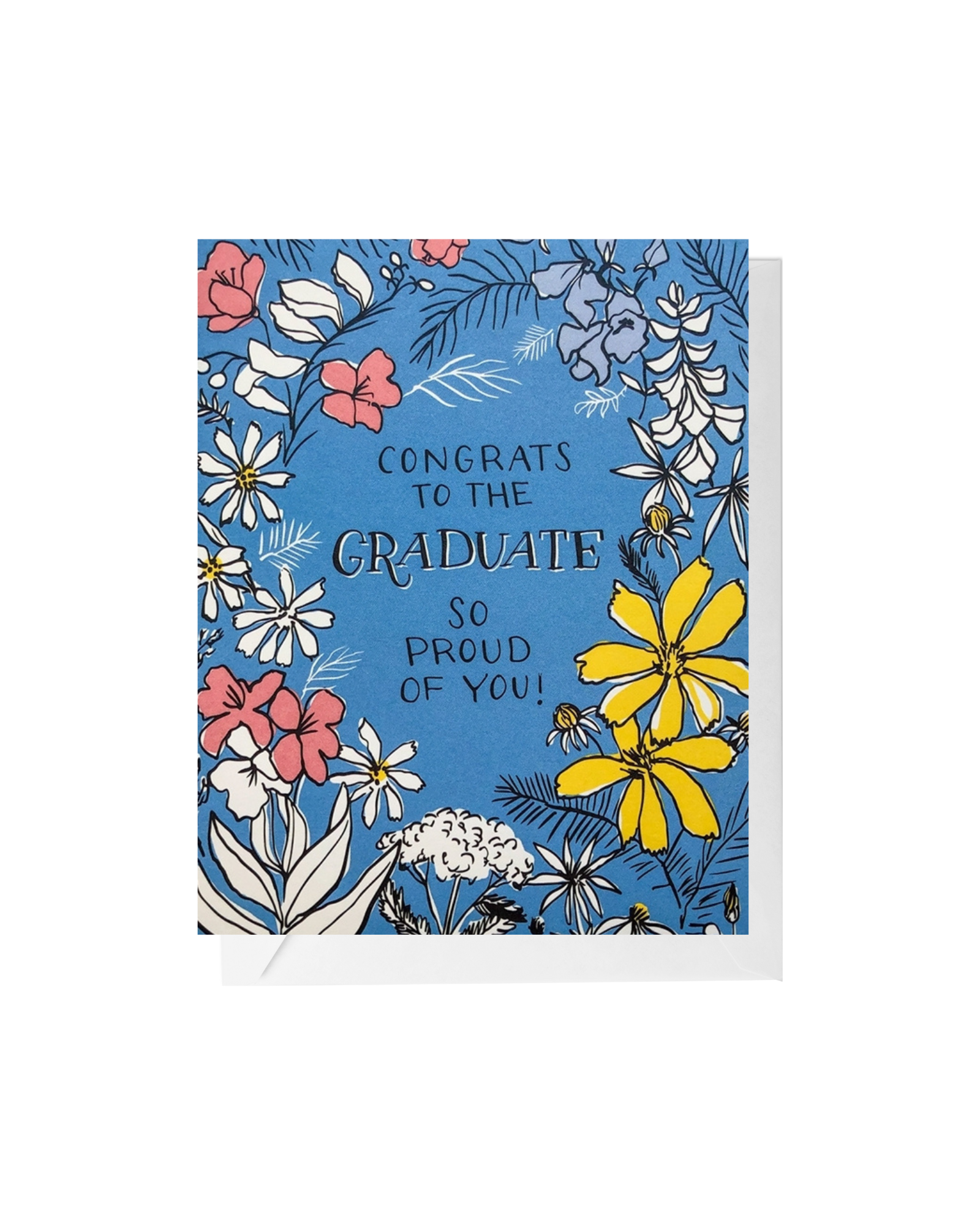 Blue greeting card and white envelope. Floral illustrations surround the words "congrats to the graduate so proud of you!" in handwritten script.