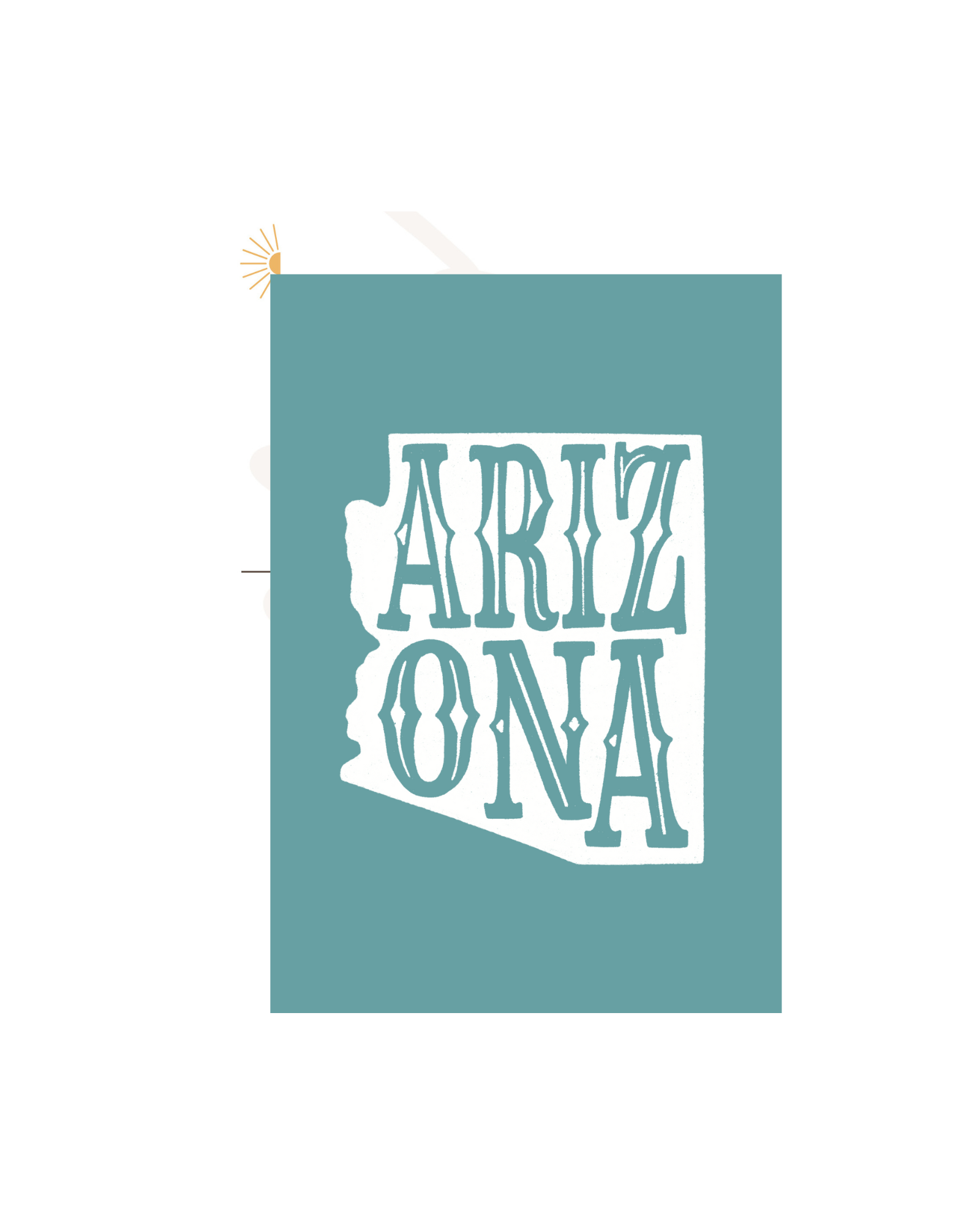 Dusty turquoise postcard with white state and the word arizona