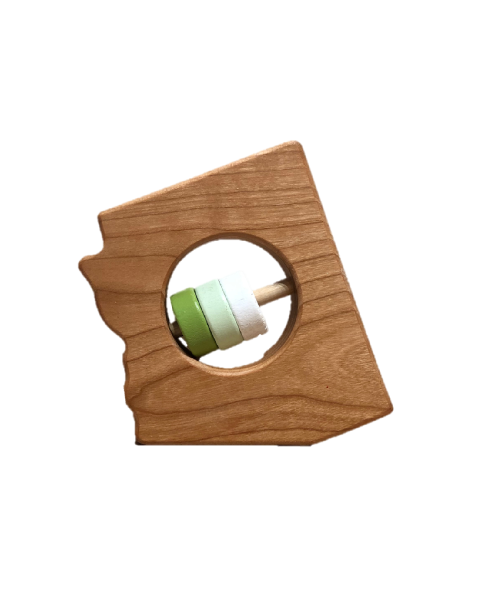 Light wood rattle in the shape of arizona with a cutout in the center and a dowel with dark green, light green, and white wooden beads