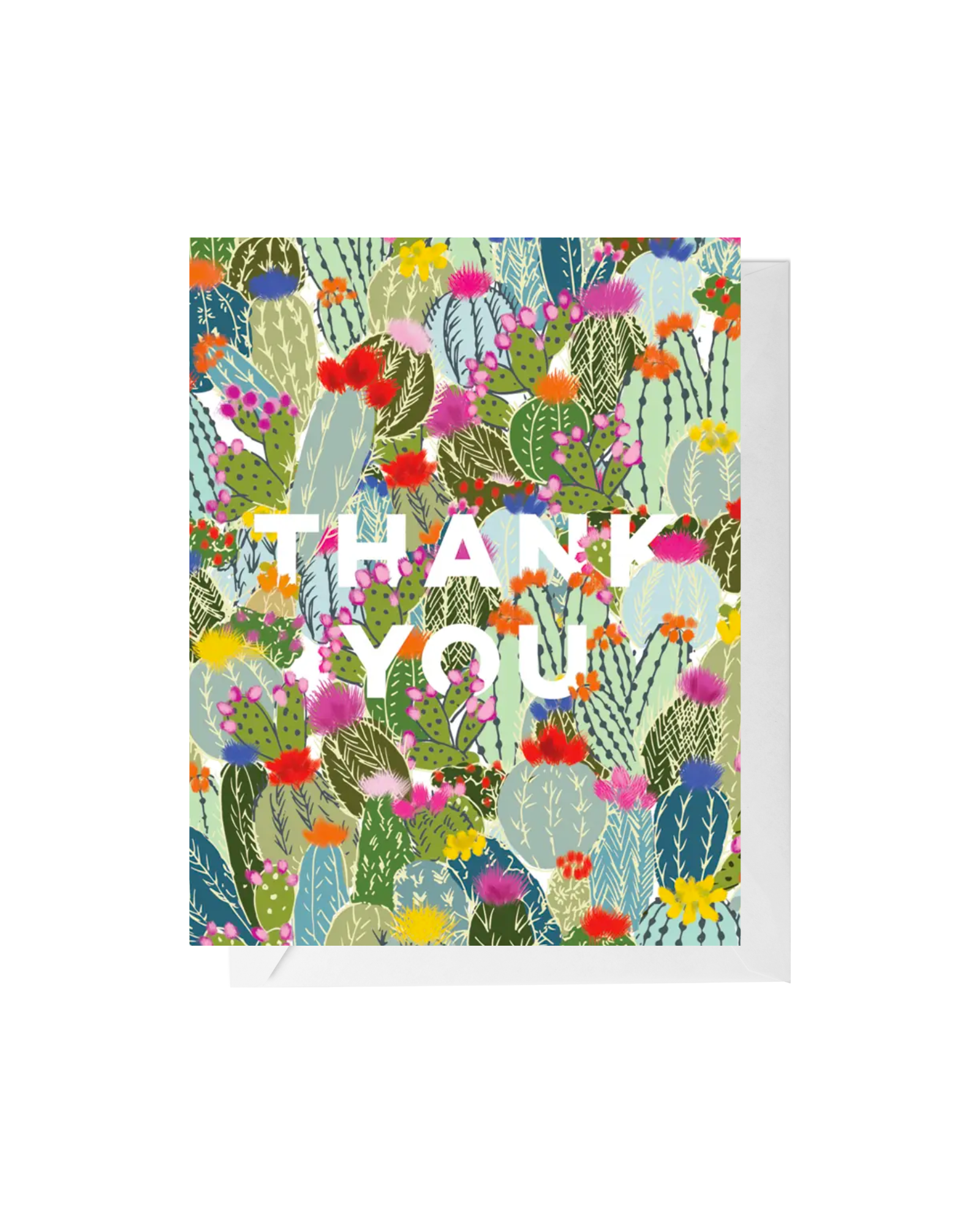 Greeting card with white envelope. Bright blooming cacti surround white block letter text that reads "thank you".