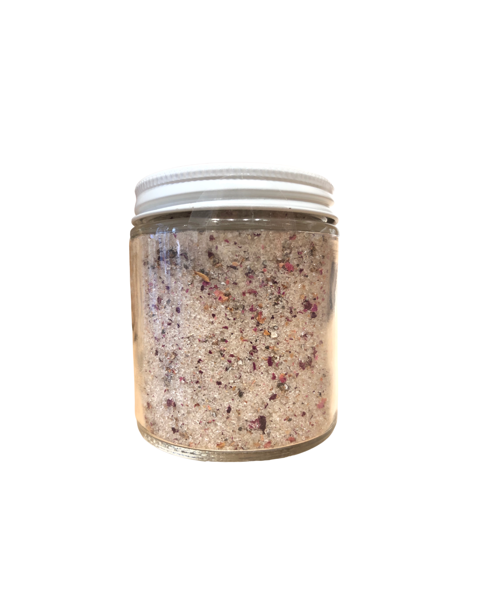 Clear glass jar with a white screw on lid filled with cardamom rose sugar
