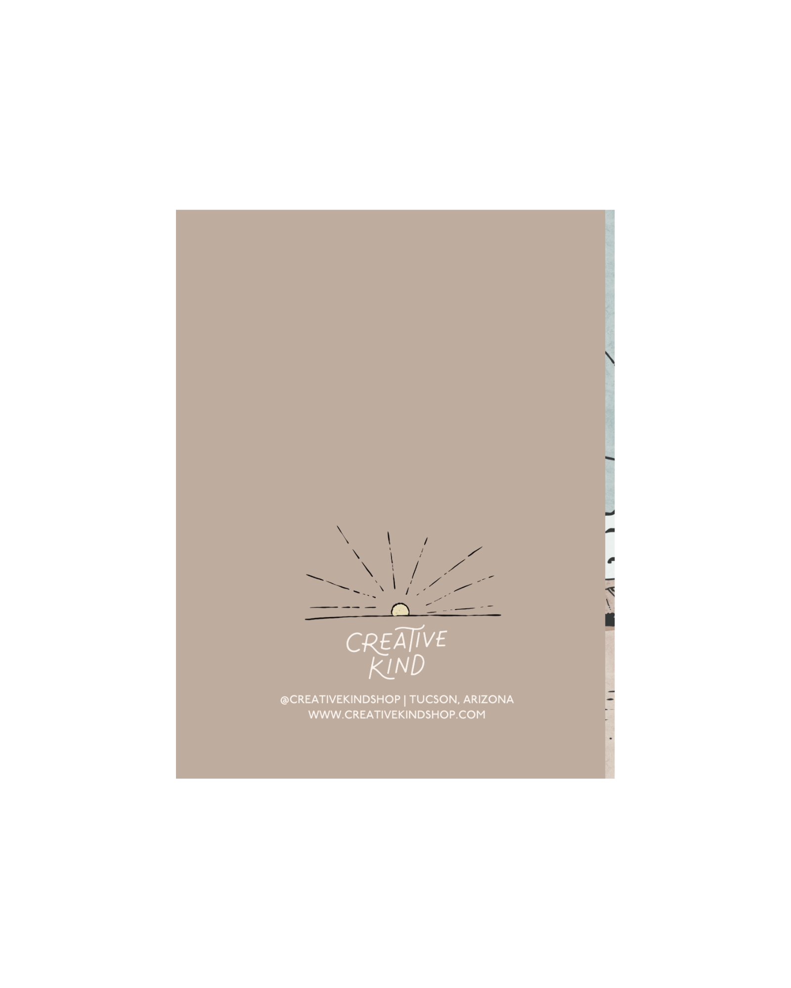 Back of card, sunrise illustration centered above creative kind logo