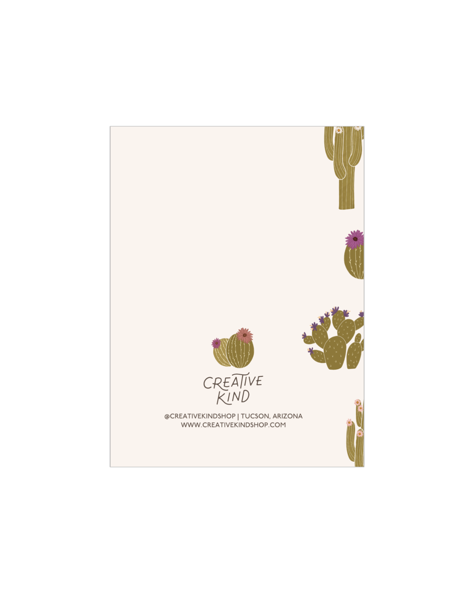 Tan back of greeting card with creative kind logo bottom center