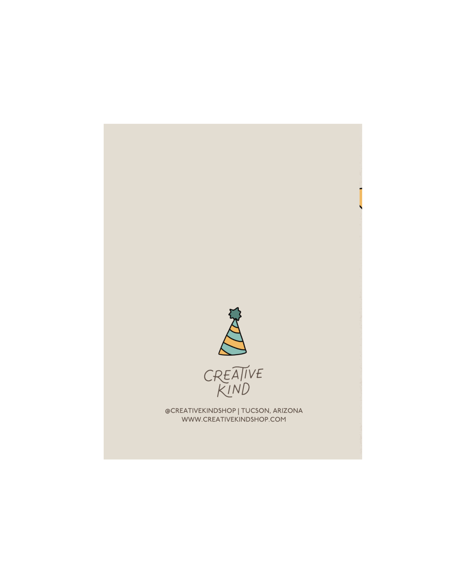 Back of greeting card, birthday party hat illustration over creative kind logo