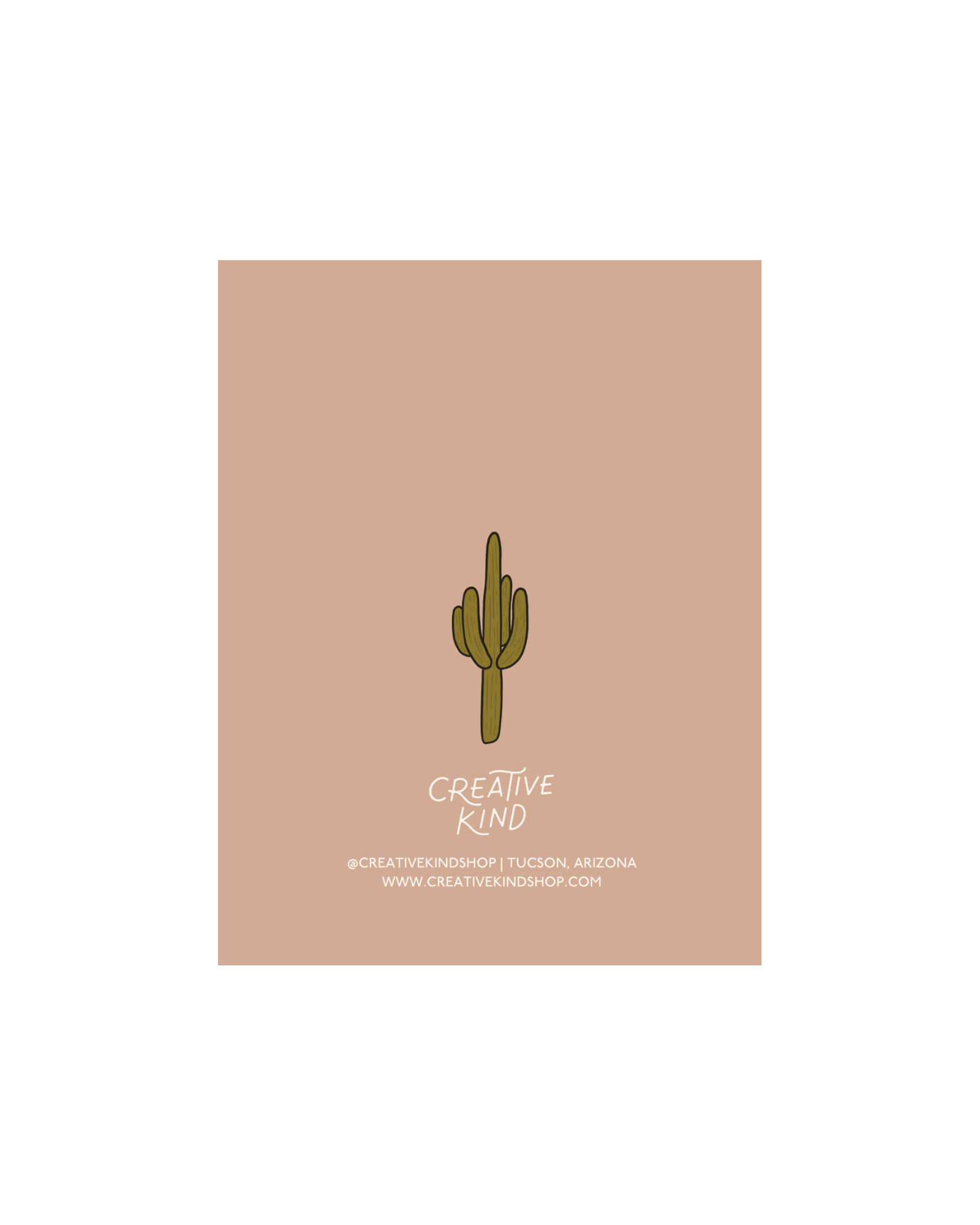 Back of greeting card, cactus illustration above creative kind logo