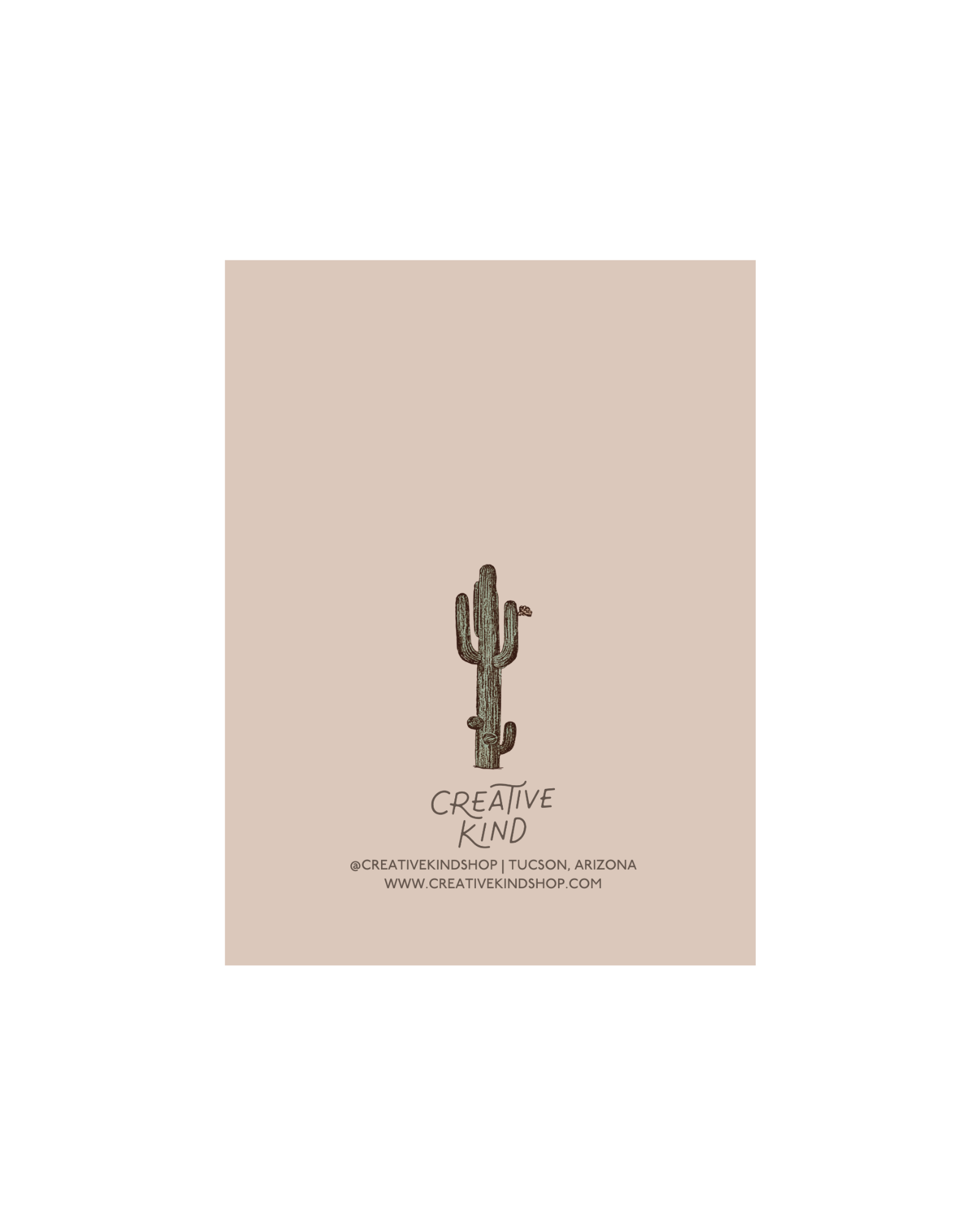 Back of greeting card with cactus illustration above creative kind logo