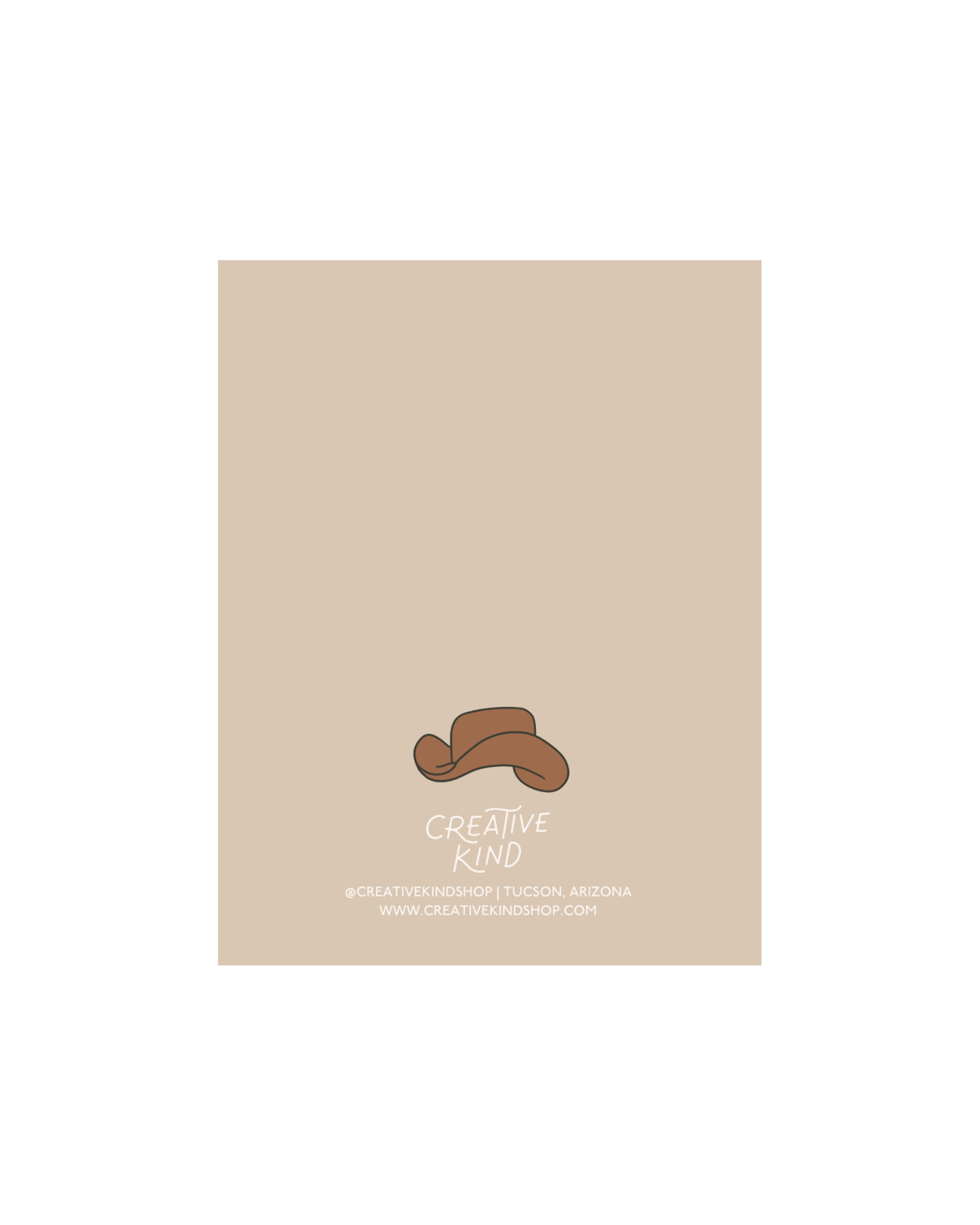 Back of card, tan background and creative kind logo at bottom center
