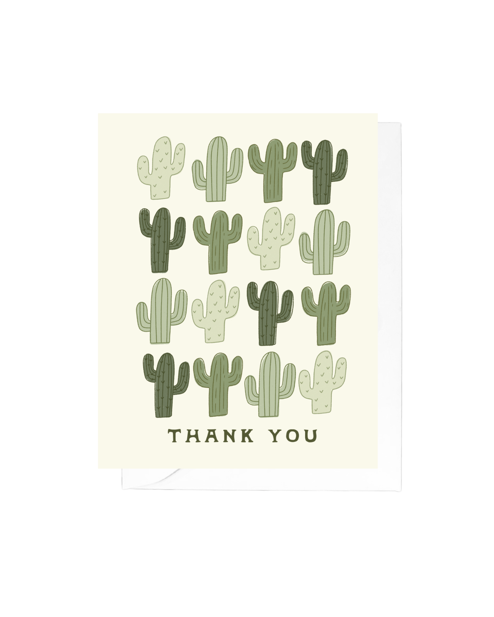 Light green greeting card with 16 saguaros in different shades of green with the words "thank you" bottom center