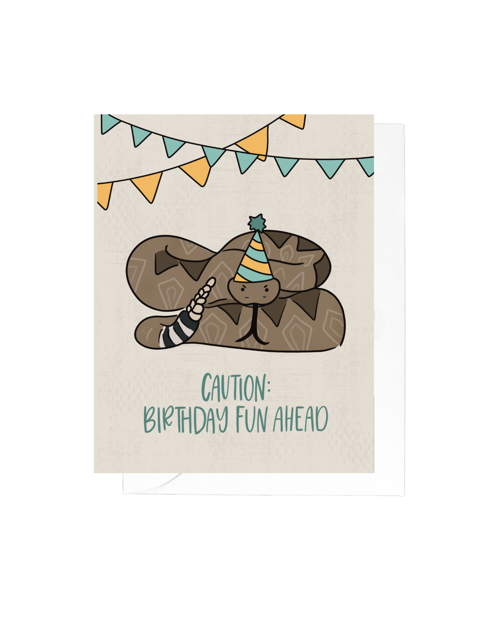 Tan greeting card with an illustration of a rattlesnake in a party hat above the words "caution: birthday fun ahead"