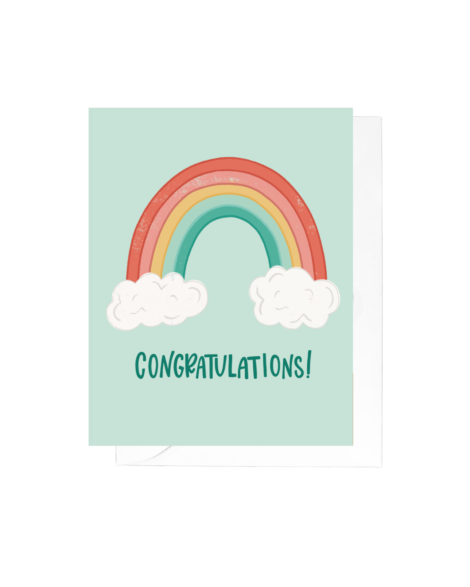 Mint green card with rainbow drawing above the word "congratulations" 