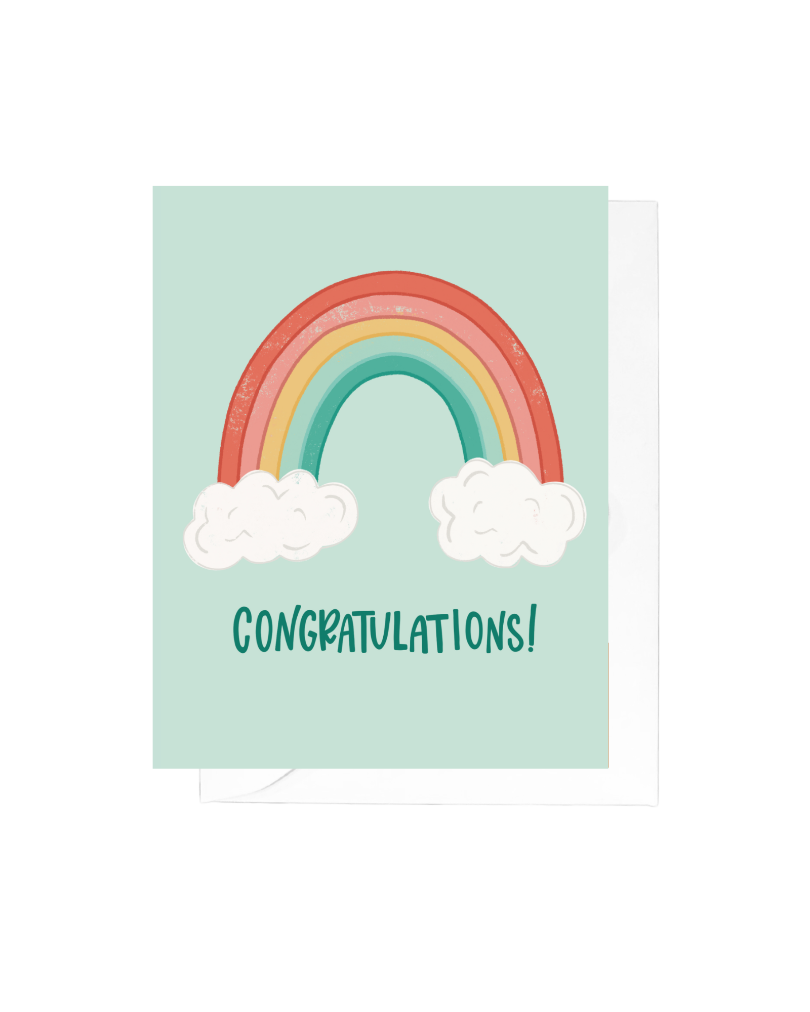Mint green card with rainbow drawing above the word "congratulations"