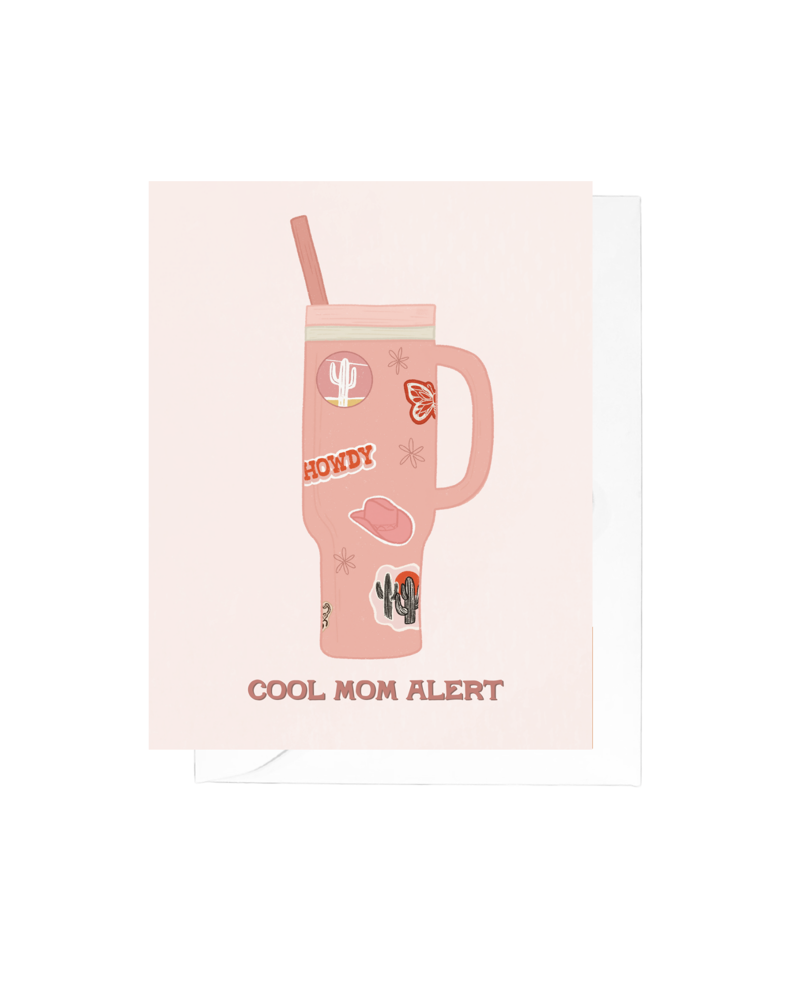 Greeting card with an illustration of a water bottle with a handle and several stickers with the text "cool mom alert" below the cup