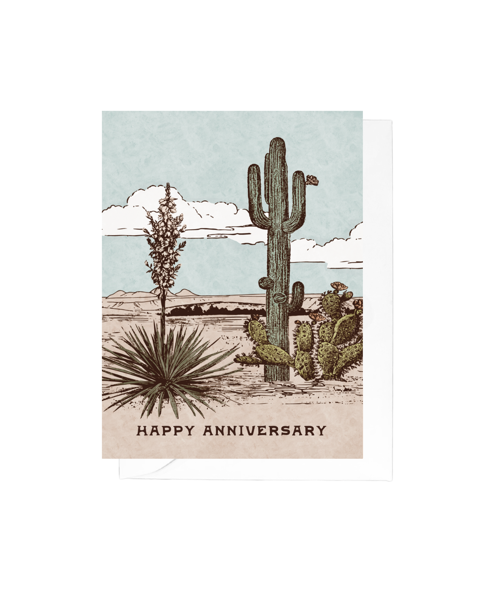 Greeting card of a desert landcape scene and the words "happy anniversary" bottom center