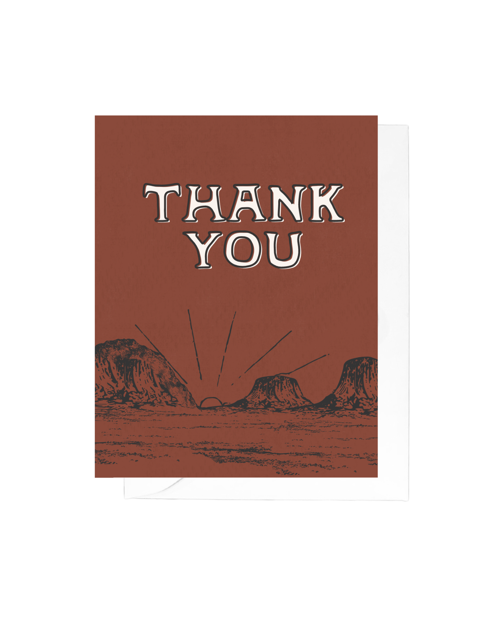 Rust brown greeting card with black desert landscape and the words "thank you" top center