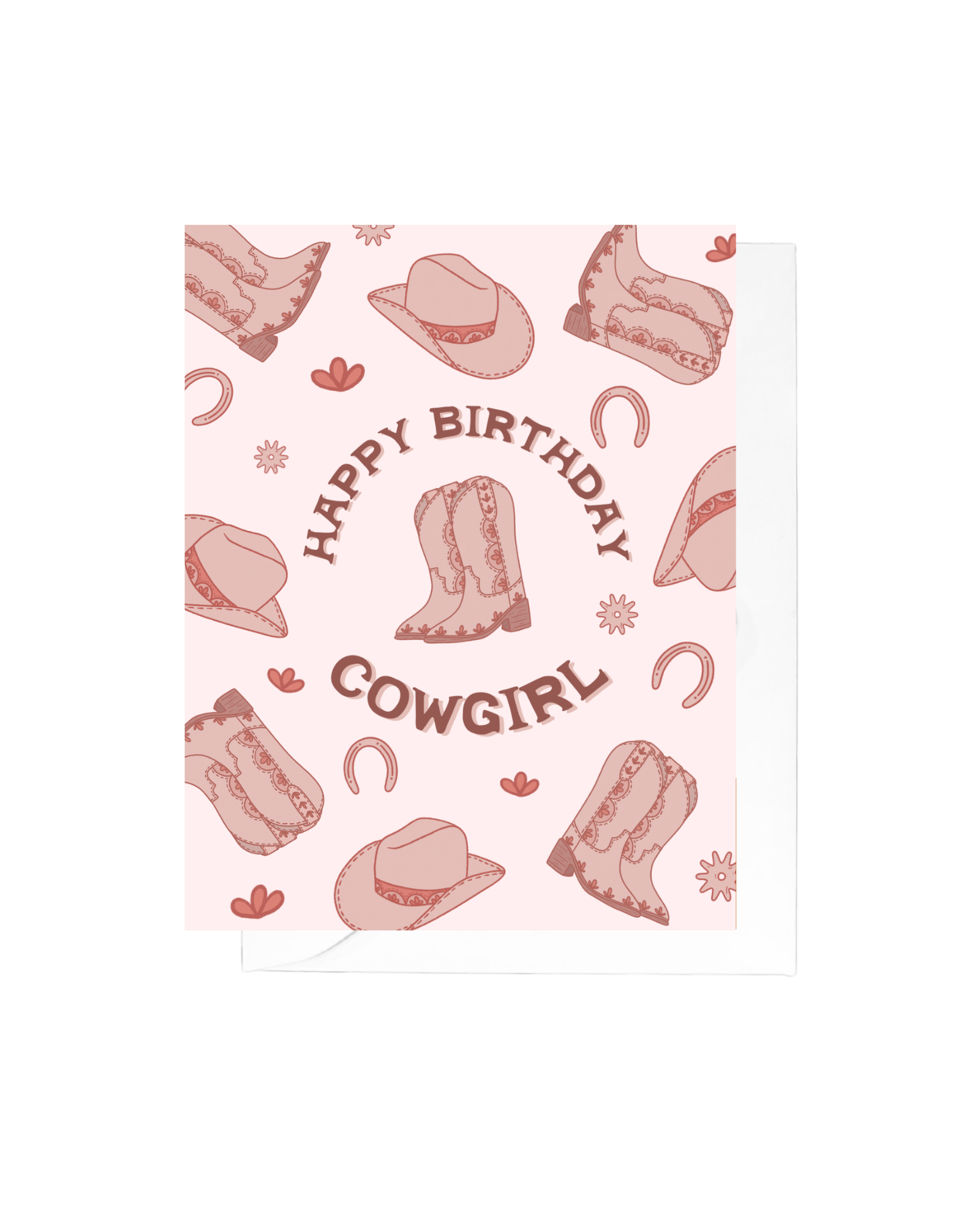 Pink greeting card with cowgirl boot and cowgirl hat pattern with the words "happy birthday cowgirl" centered with rounded text