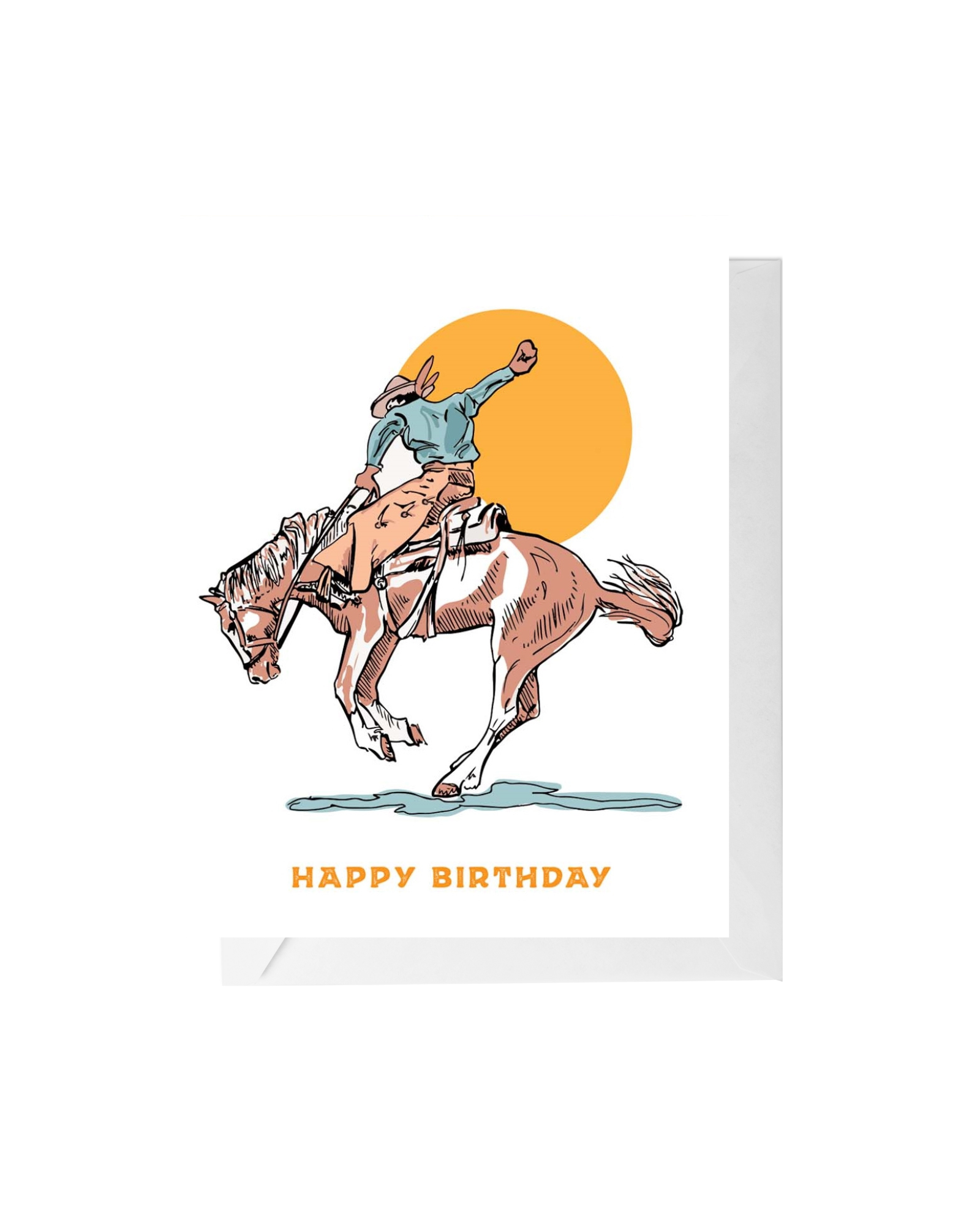 Greeting card and envelope. Illustration of a cowboy on a bucking bronco. Text reads "happy birthday". 