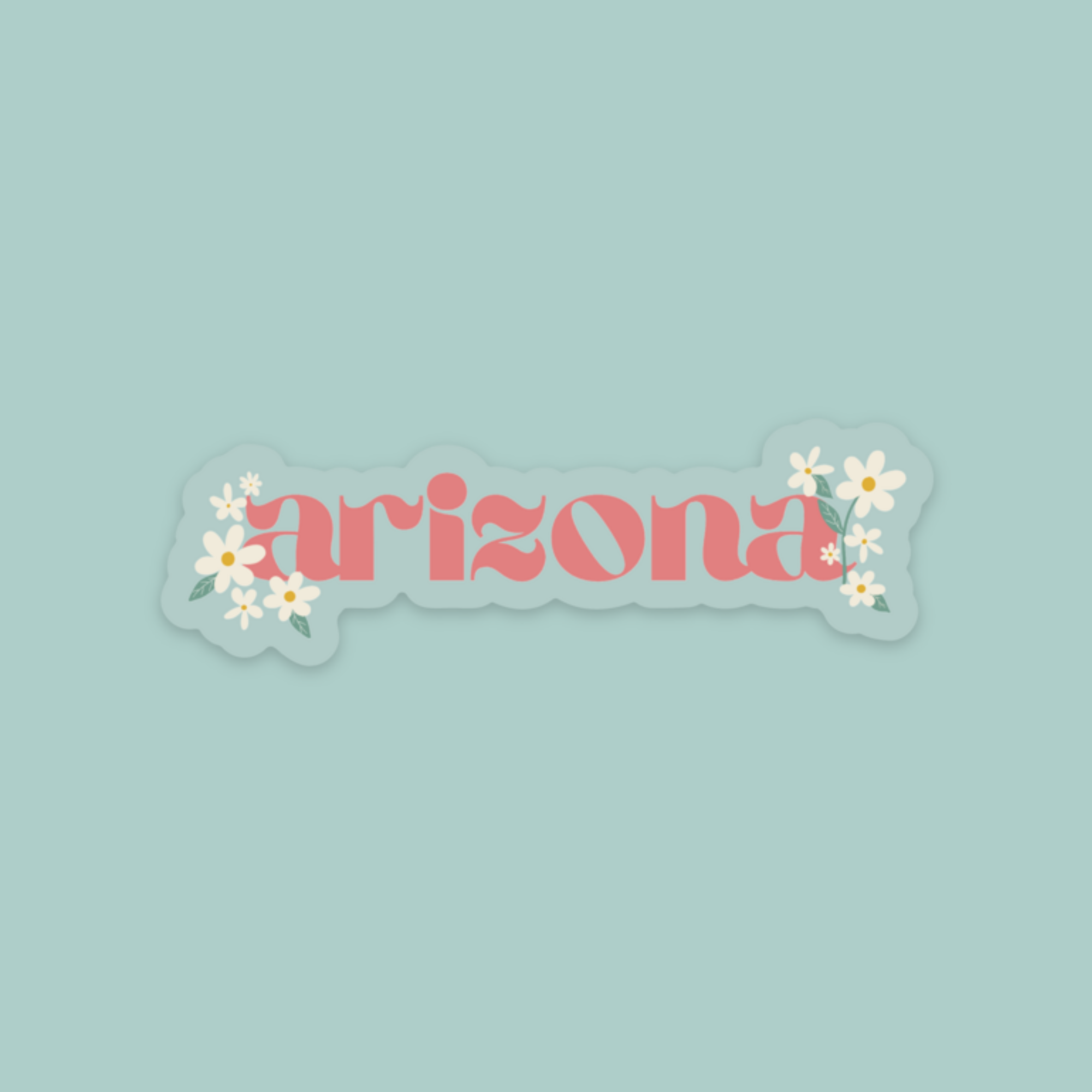 Die cut sticker with clear back and the word "arizona" surrounded by daisies shown on an aqua background color to display transparency