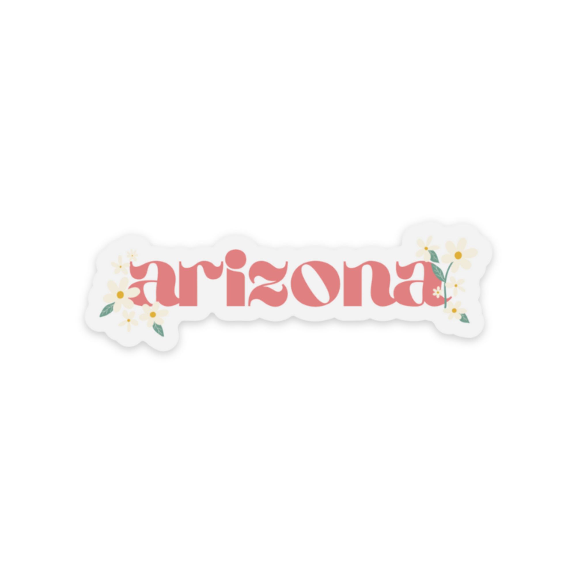 Die cut sticker with clear back and the word "arizona" surrounded by daisies