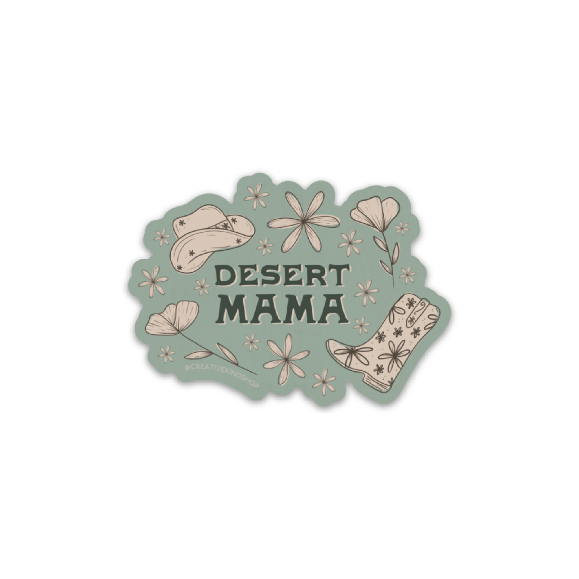 Mint green die cut sticker of the words "desert mama" surrounded by tan western doodles and flowers