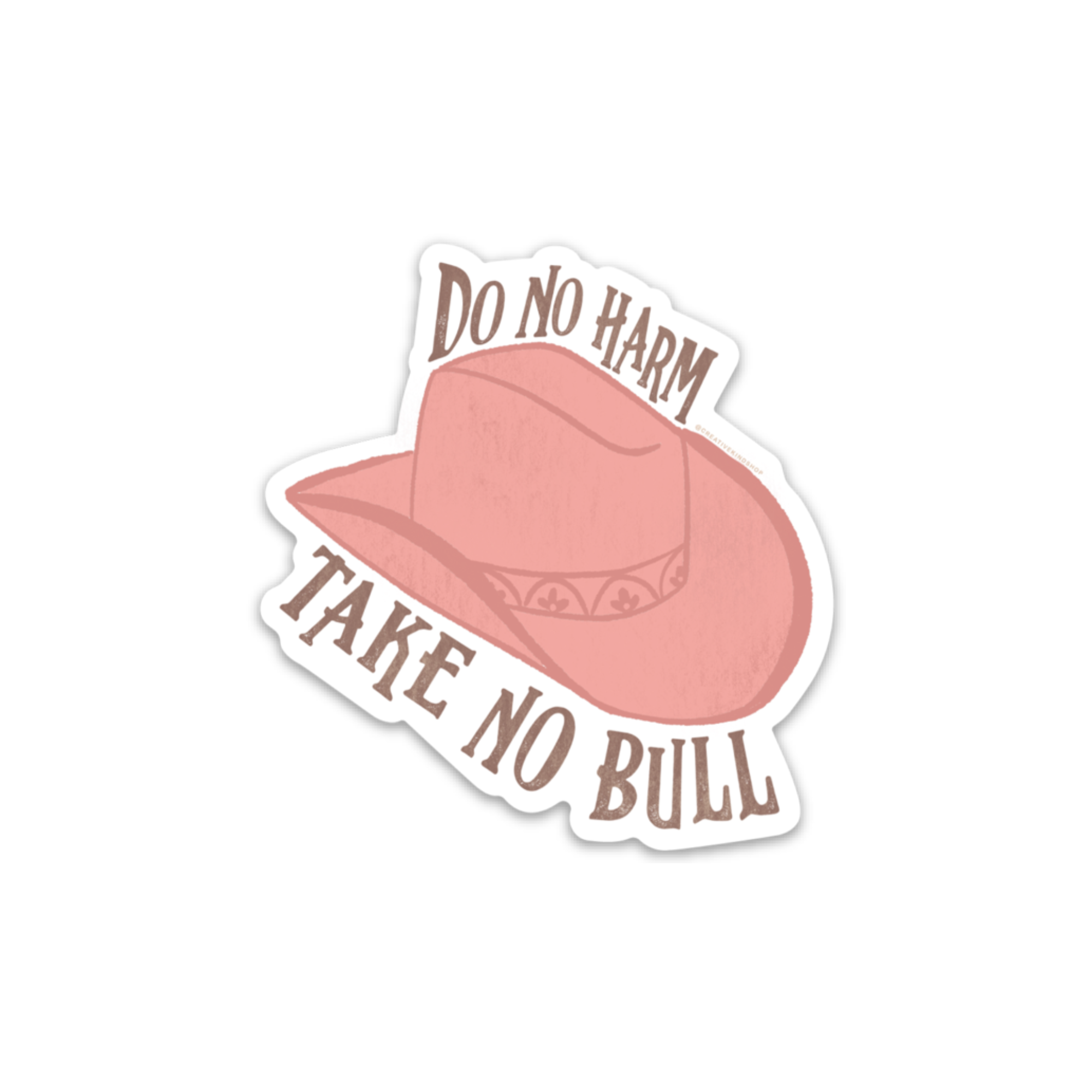 Pink cowgirl hat with the words "do no harm take no bull" in brown letters