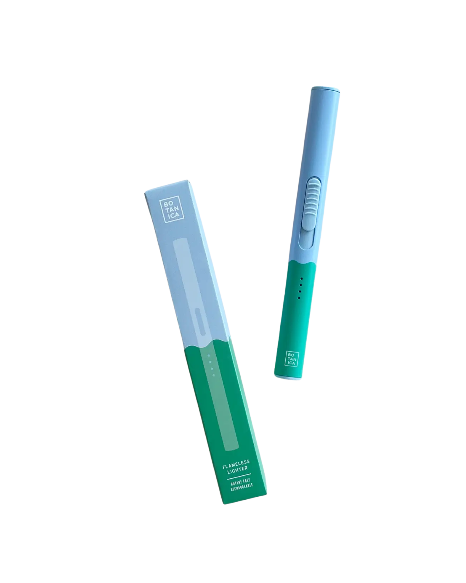 Blue and green flameless lighter next to matching box