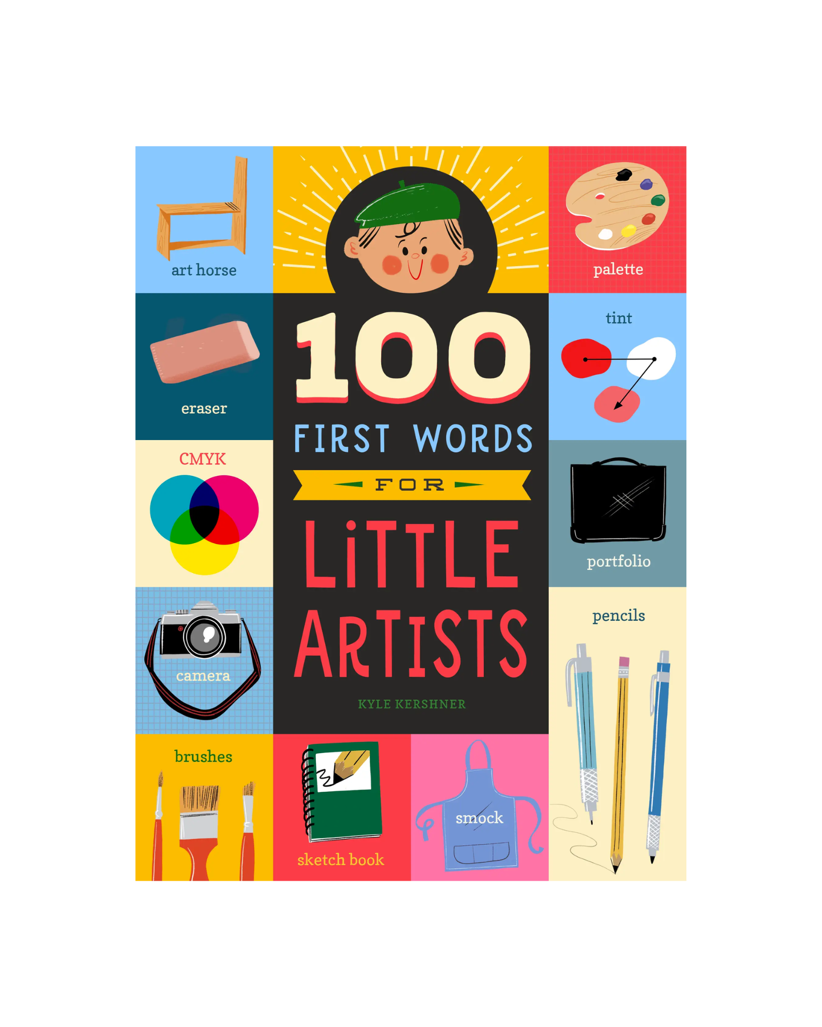 Front cover of a board book titled "100 First Words for Little Artists" with bright squares with art drawings around the edge