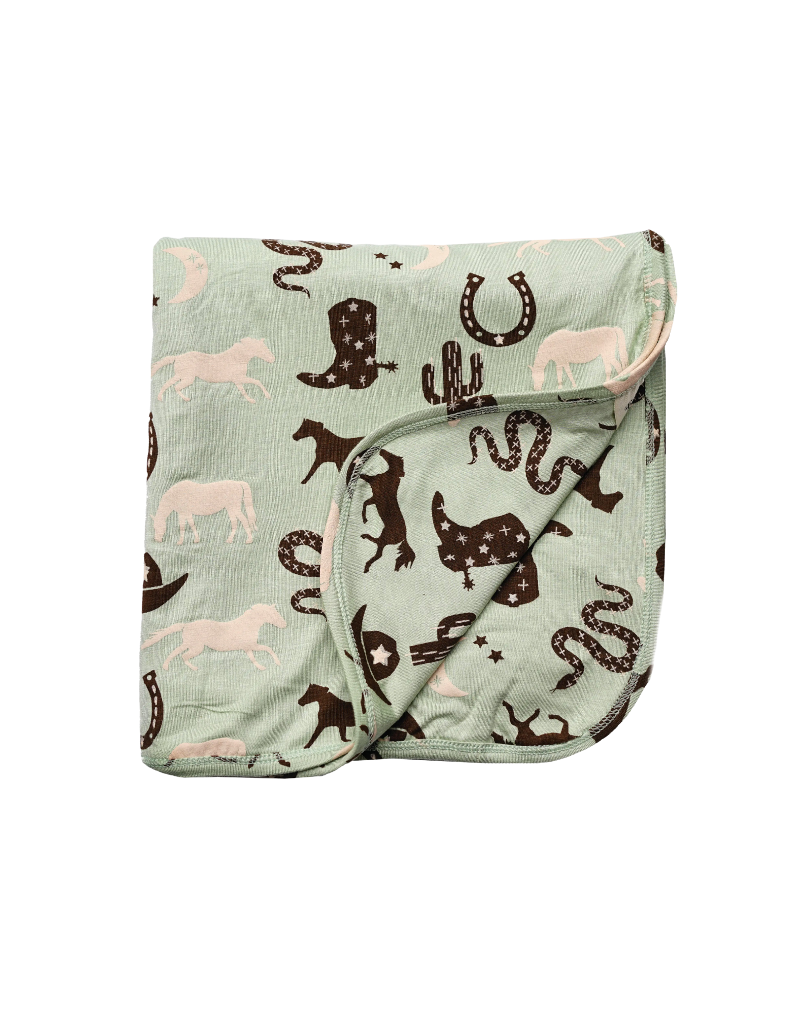 Mint colored bamboo fabric giddy up blanket folded into a square