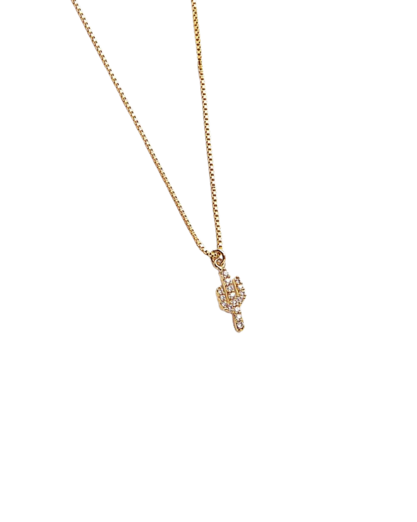Small gold saguaro cactus necklace with crystals covering the cactus on a gold chain