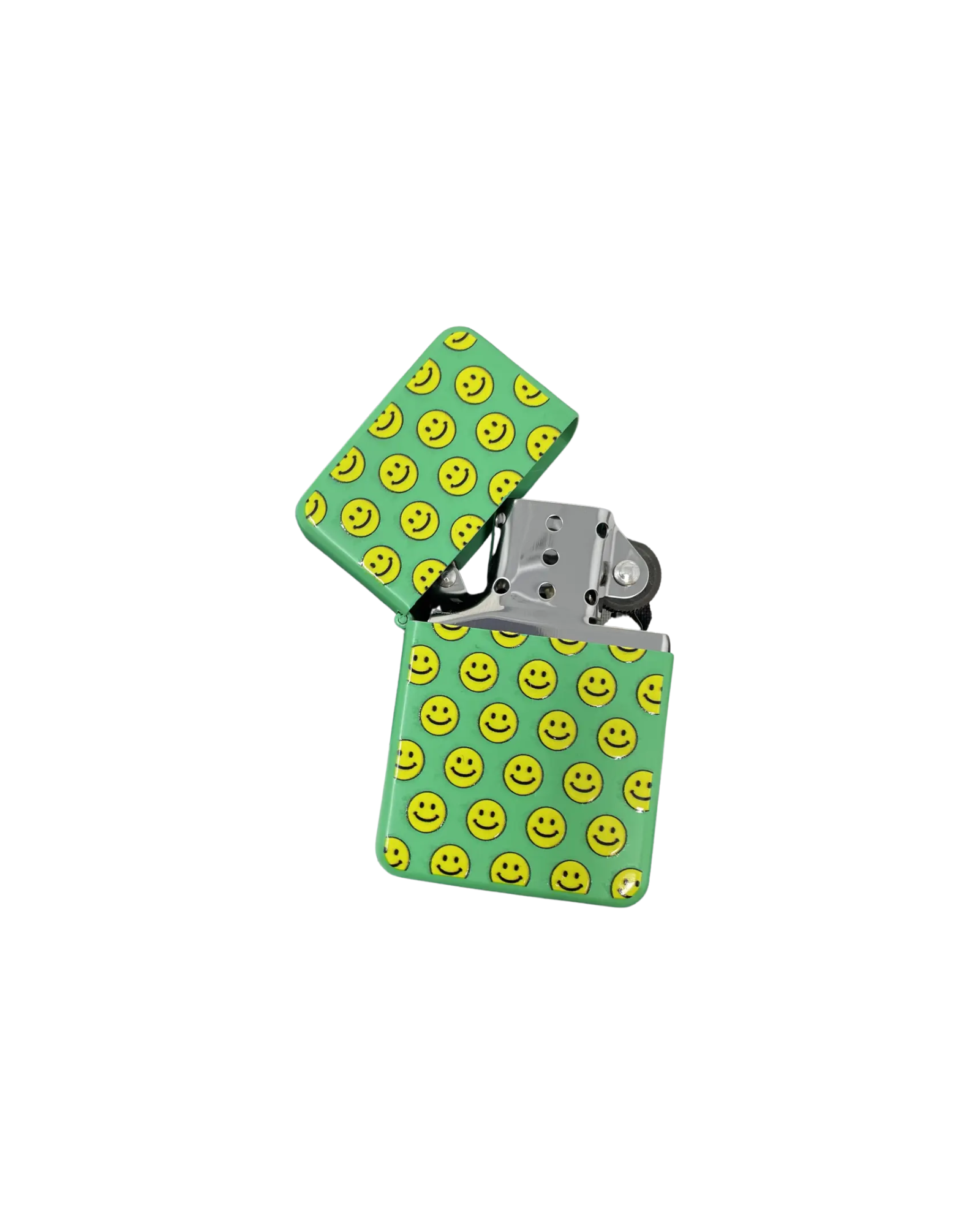 Green flip style lighter covered in yellow smiley faces