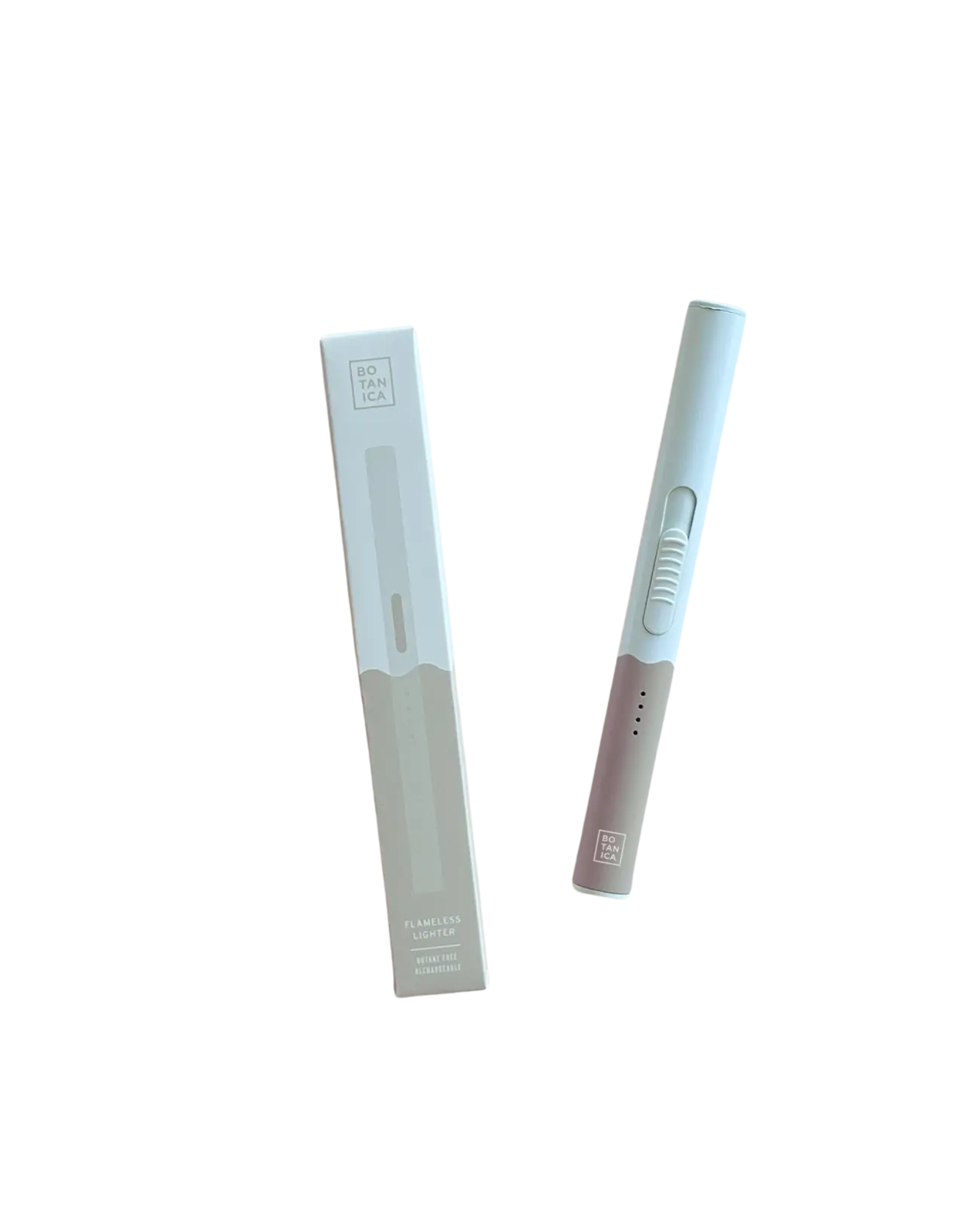 White and tan flameless lighter next to matching box