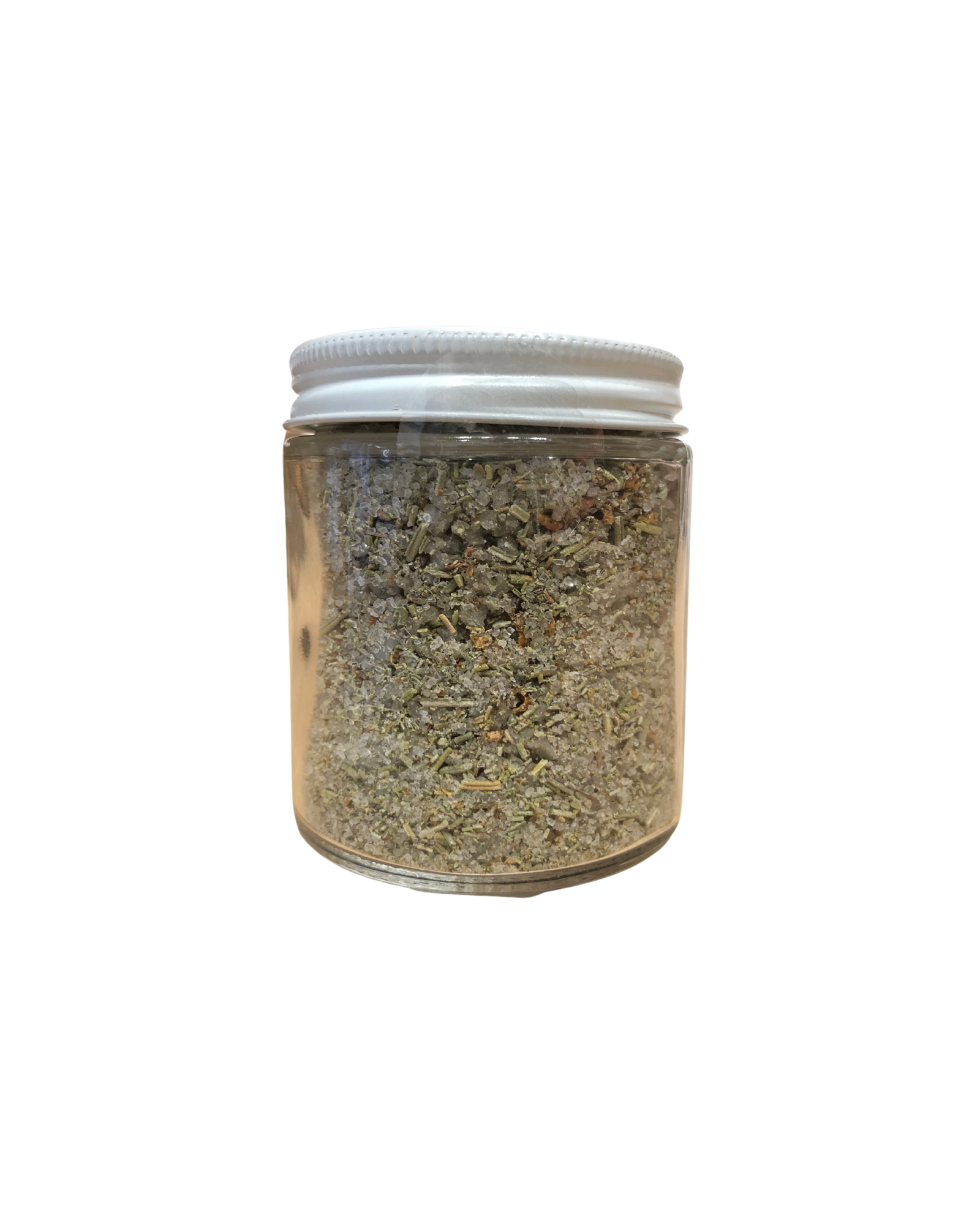 Clear glass jar with a white screw top lid containing rosemary salt