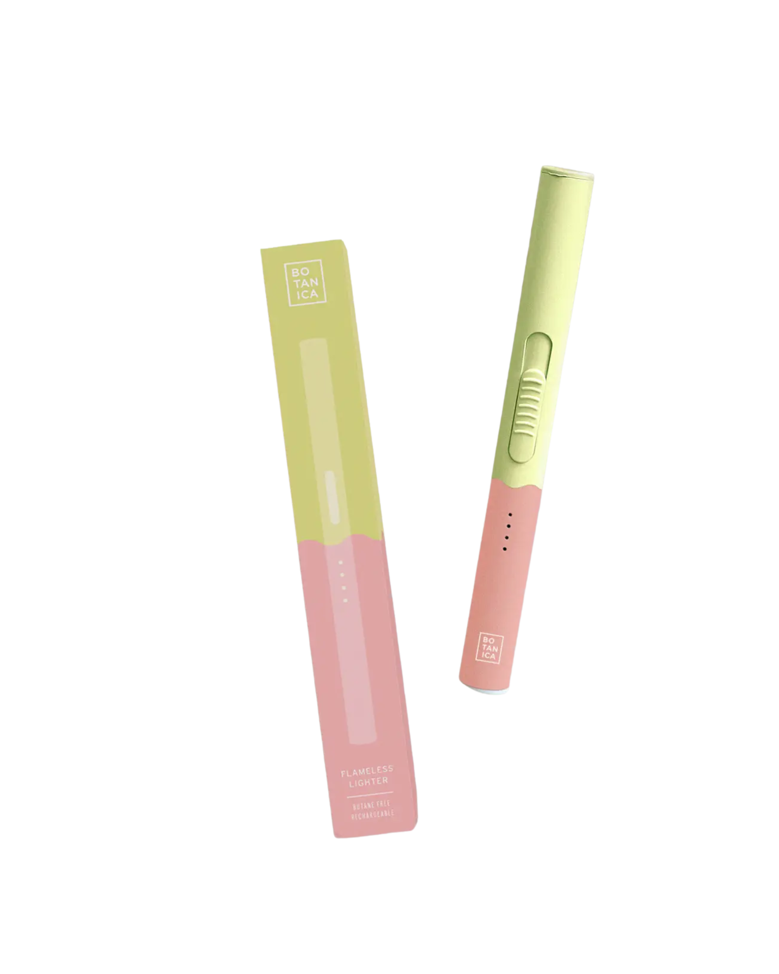 Green and pink flameless lighter next to matching box