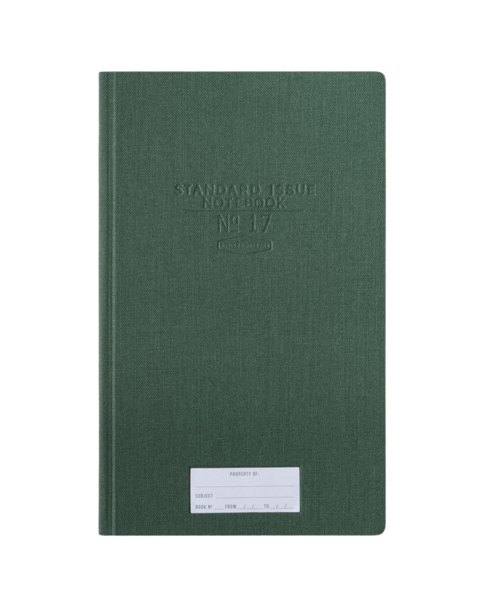 Tall green journal with small white label bottom center