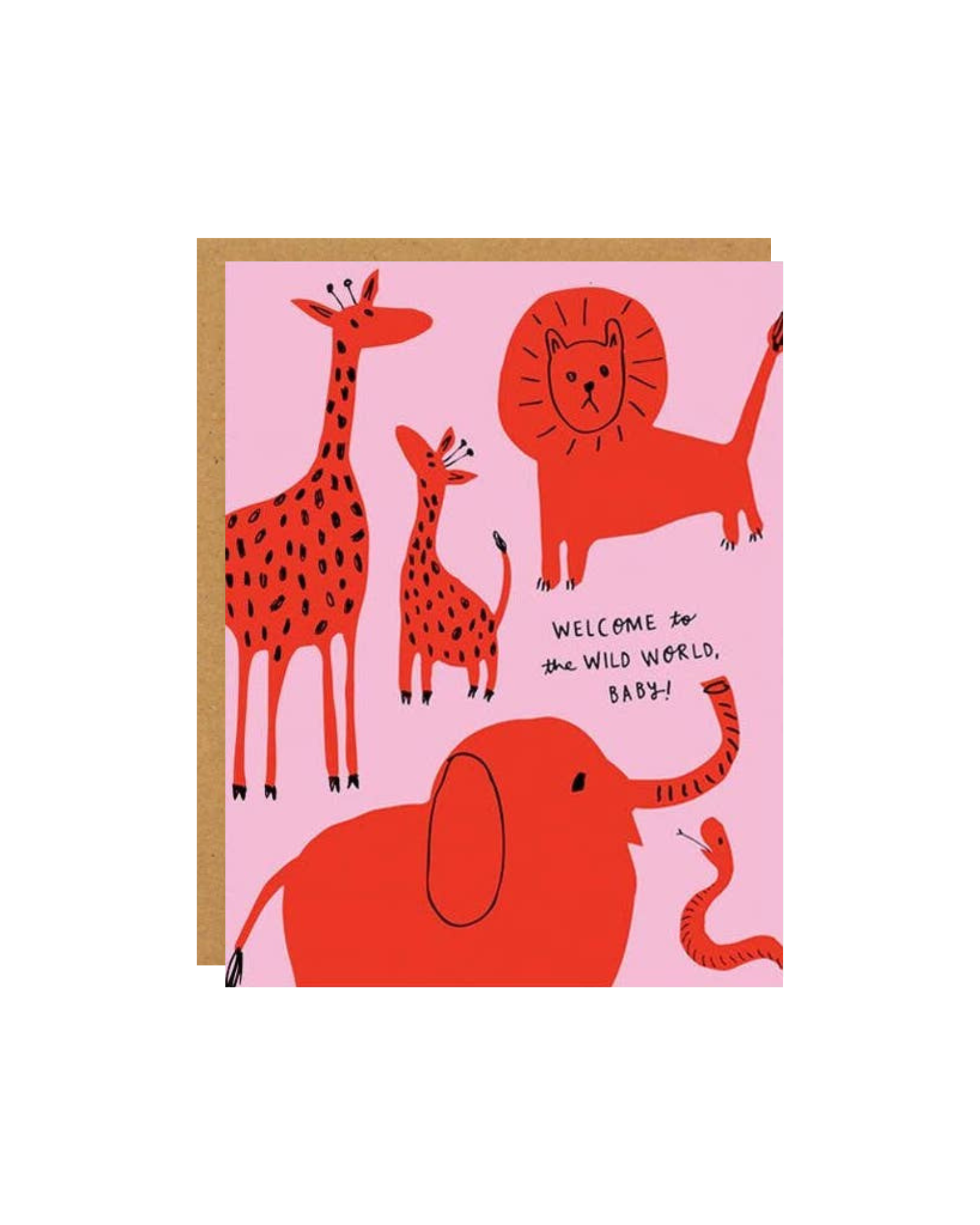 Pink greeting card with a red lion, elephant, snake, and two giraffes that reads "welcome to the wold world baby!"