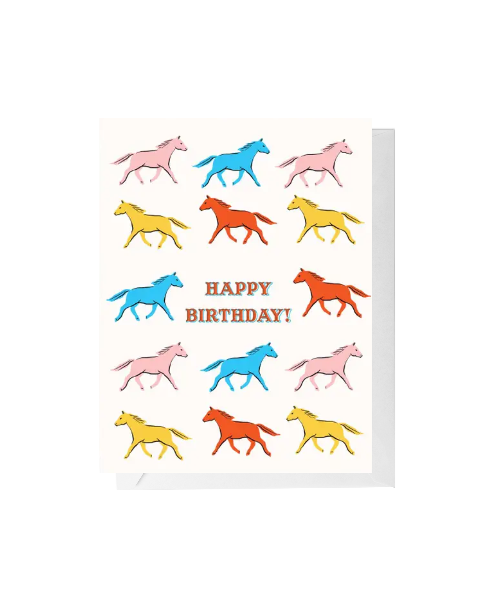 White greeting card with horse illustrations in pink, blue, red, and yellow with the words "happy birthday" in red capital letters