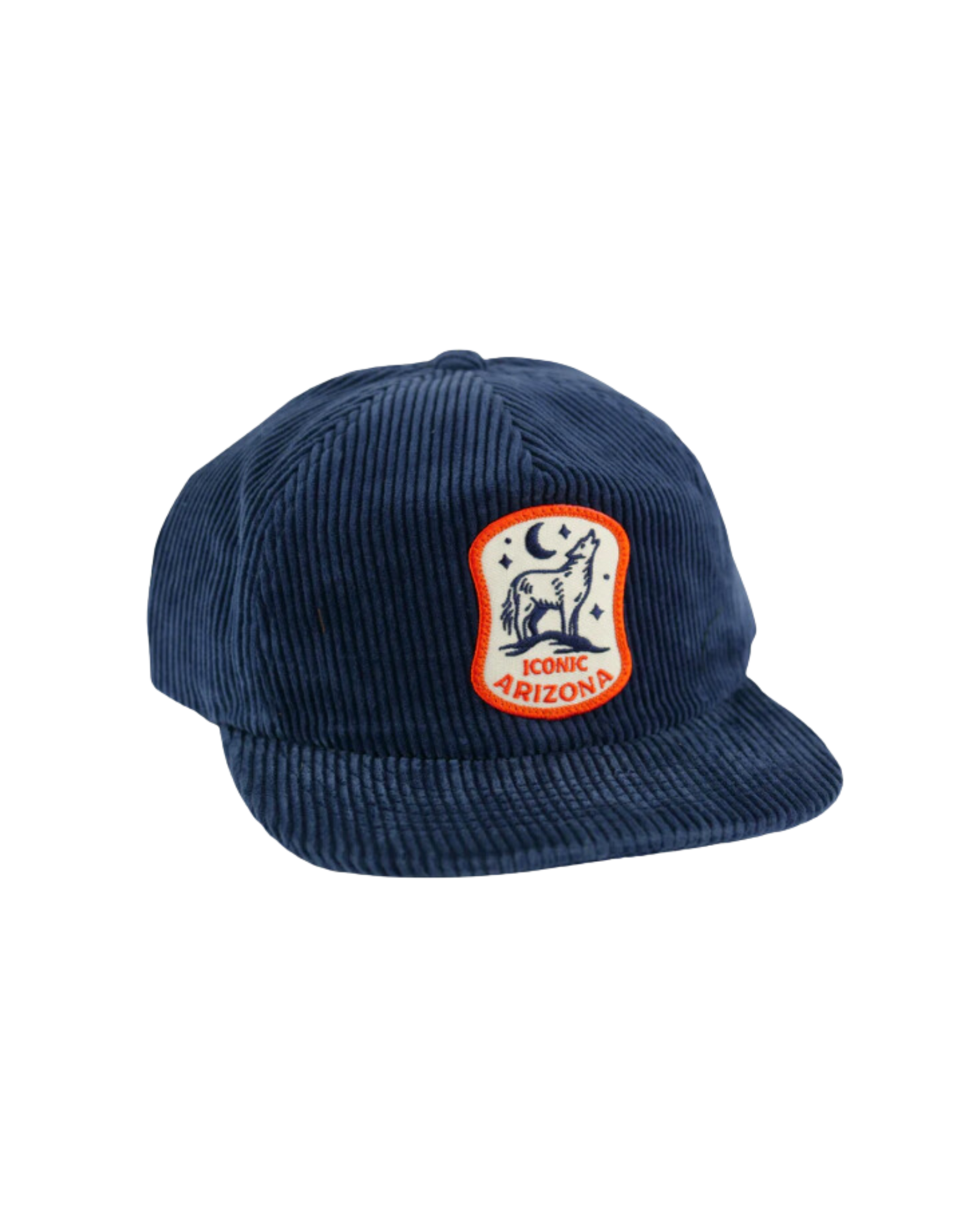 blue courderoy brimmed hat with a patch featuring a coyote howling at a crescent moon