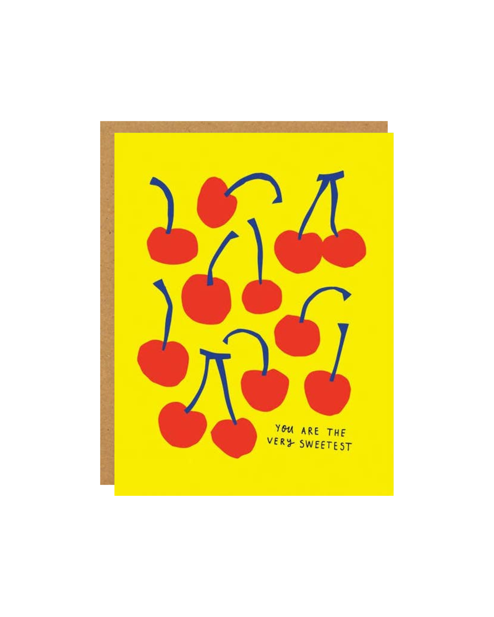 Yellow greeting card with red cherries and text bottom right that reads "you are the very sweetest"