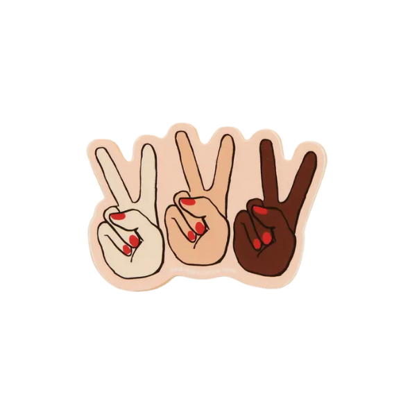 Three hands showing peace signs with red painted nails. One has light skin, one has tan skin, and one has dark skin.