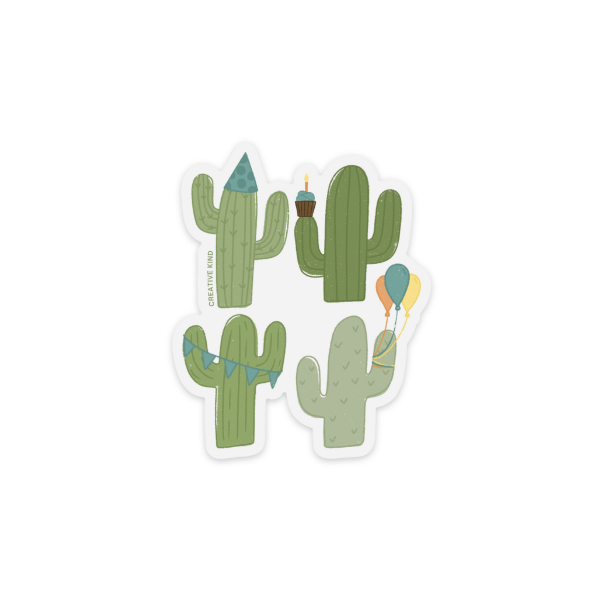 Die cut sticker with clear backing of four saguaros - one in a party hat, one holding a cupcake, one with a banner, and one holding three balloons