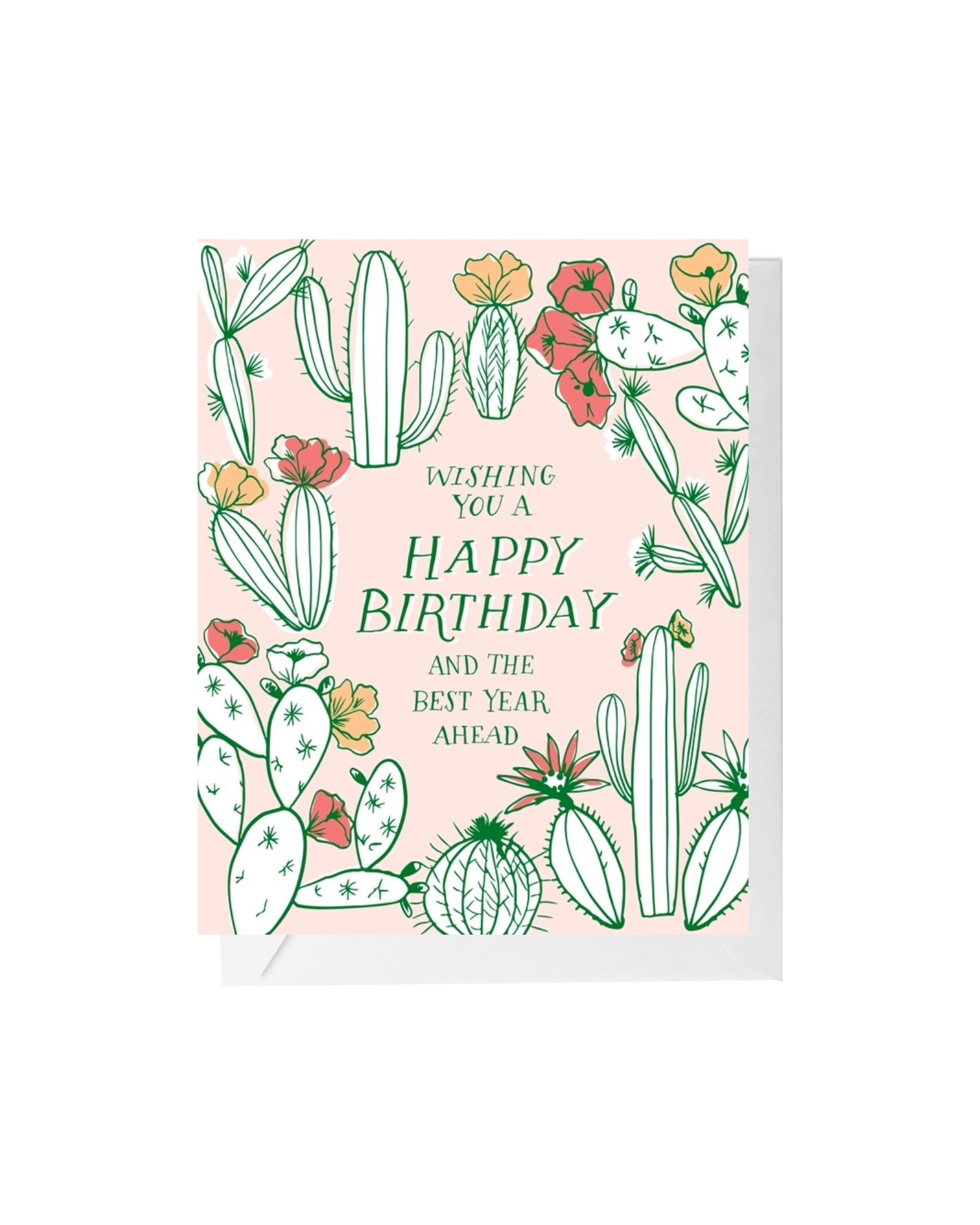 Light pink card with blooming cactus line drawings surrounding text that reads "wishing you a happy birthday and the best year ahead"