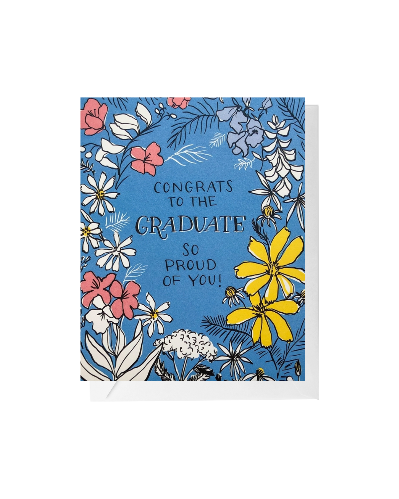 Blue greeting card and white envelope. Floral illustrations surround the words "congrats to the graduate so proud of you!" in handwritten script. 