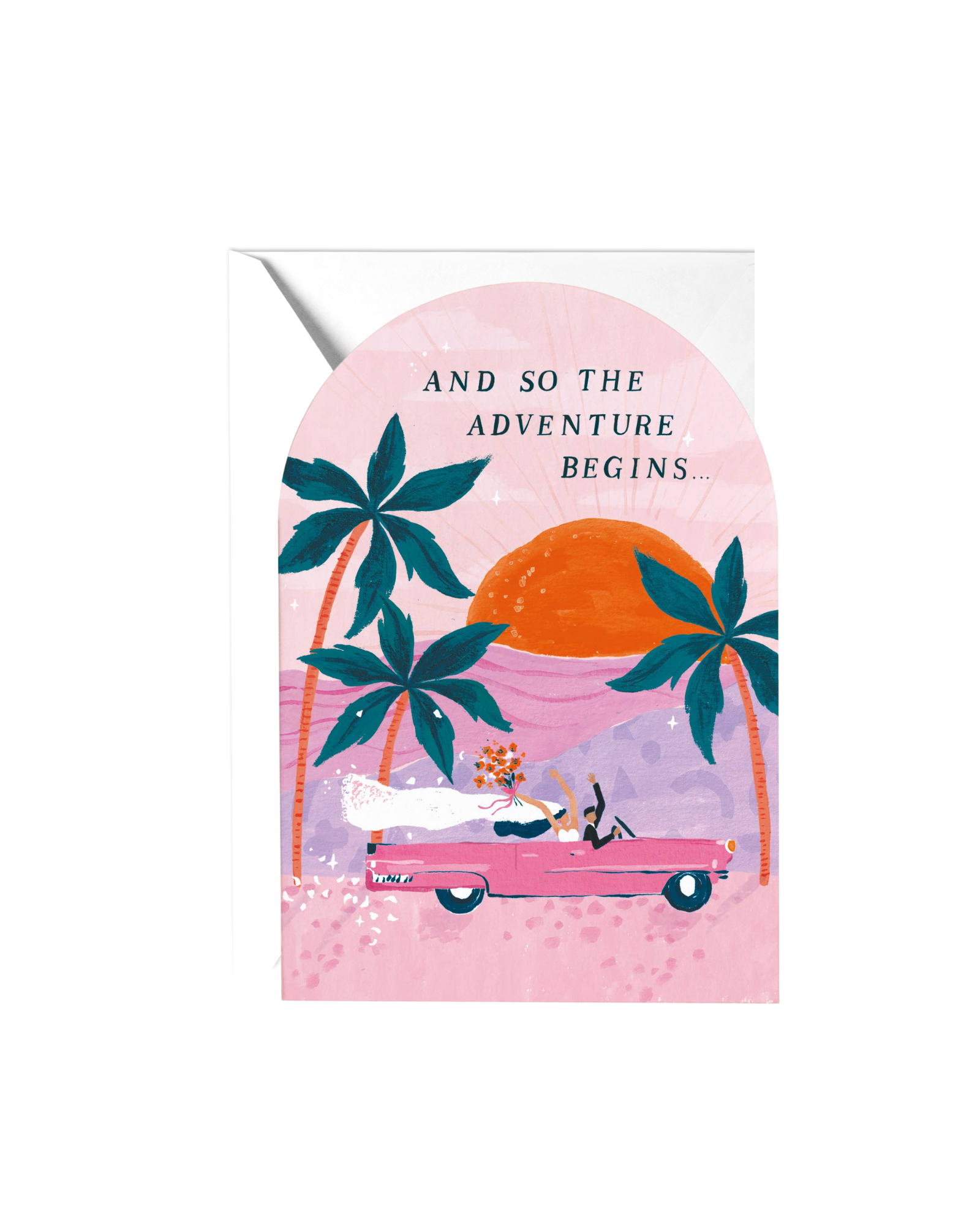 Arch greeting card with envelope, with an illustrated bride and groom driving towards a sunset in a convertable