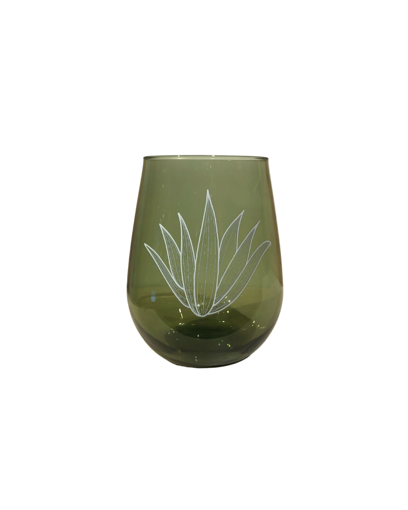 Green plastic wine glass with a white line drawing of an agave plant on the front center