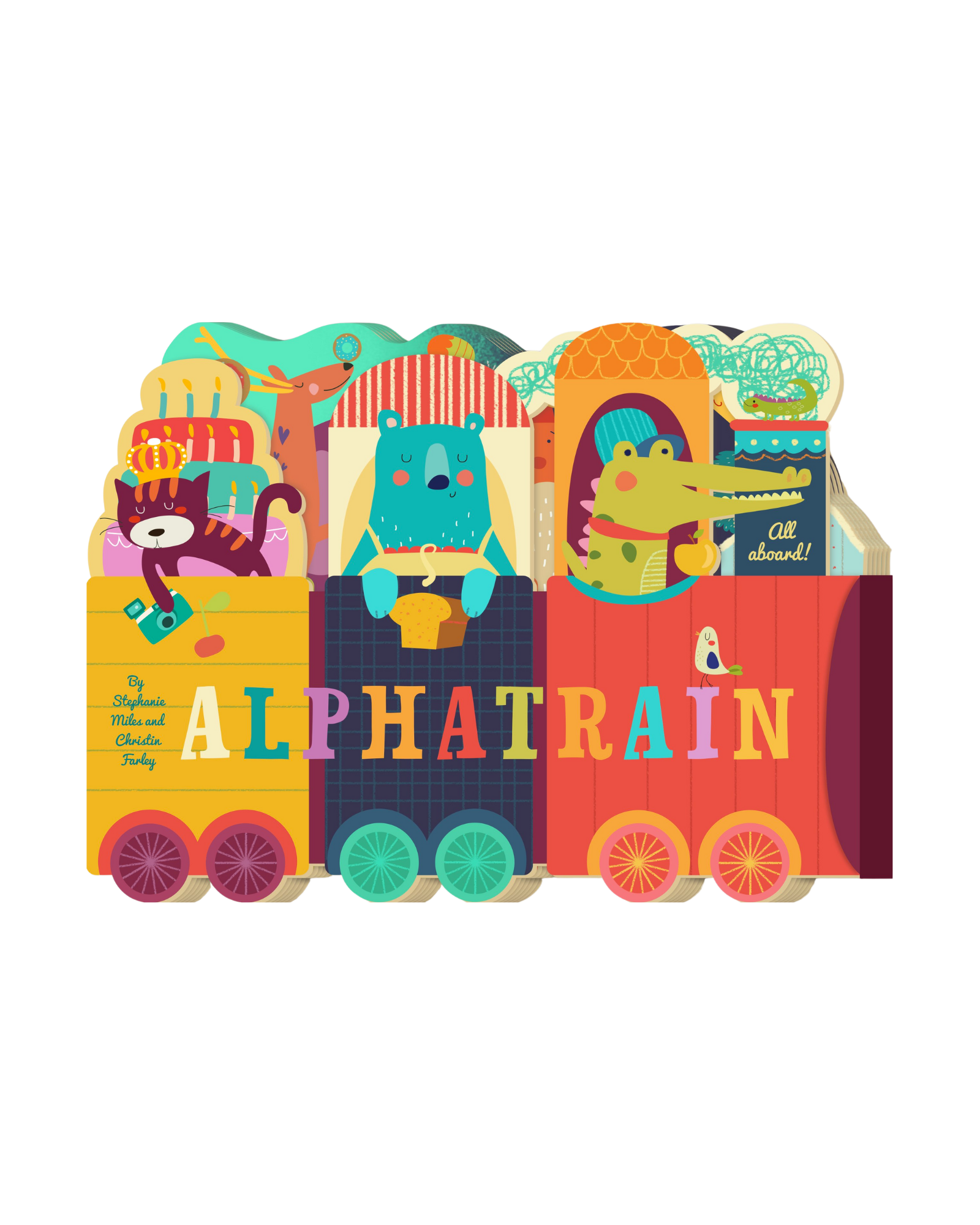 Front cover of Alphatrain board book, with a cat, bear, and alligator peeking out top of train cars