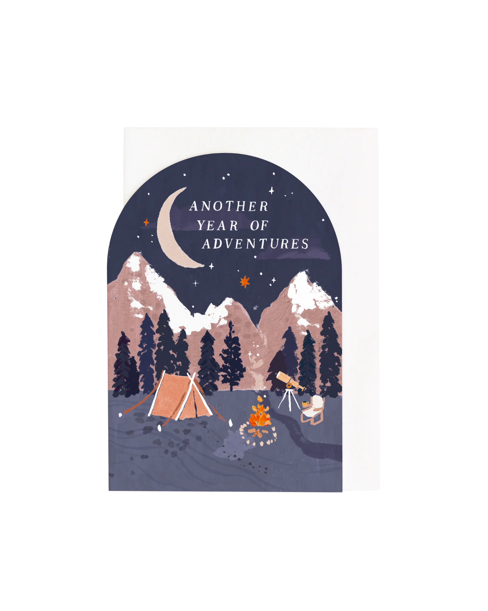 Dark blue arch card with white envlope, illustrated camp site next to mountains under the moon with the words "another year of adventures"