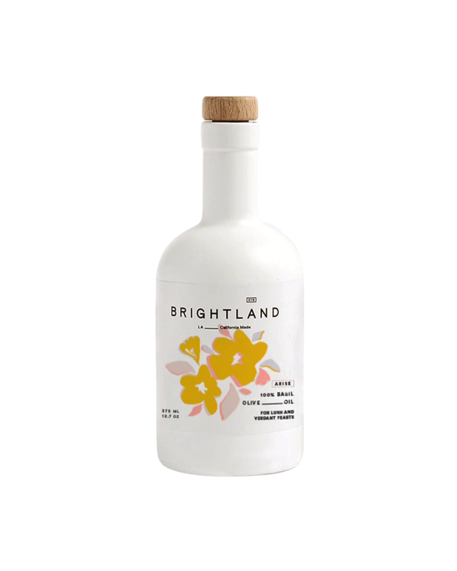 White olive oil bottle with yellow illustrated flowers on a white label