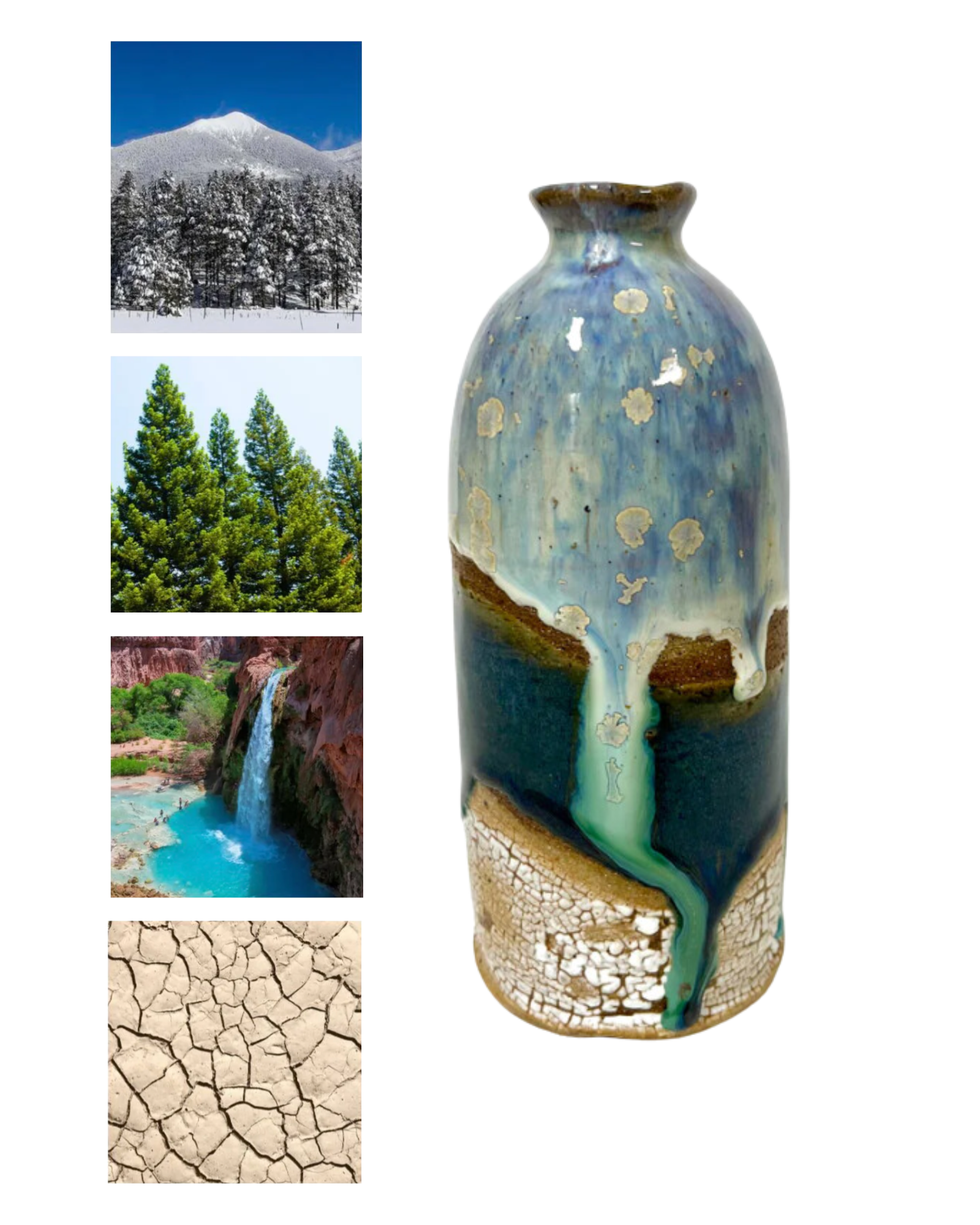 Vase next to photos that inspired design - show covered Flagstaff mountain, pine trees, havasupai falls, and cracked desert earth