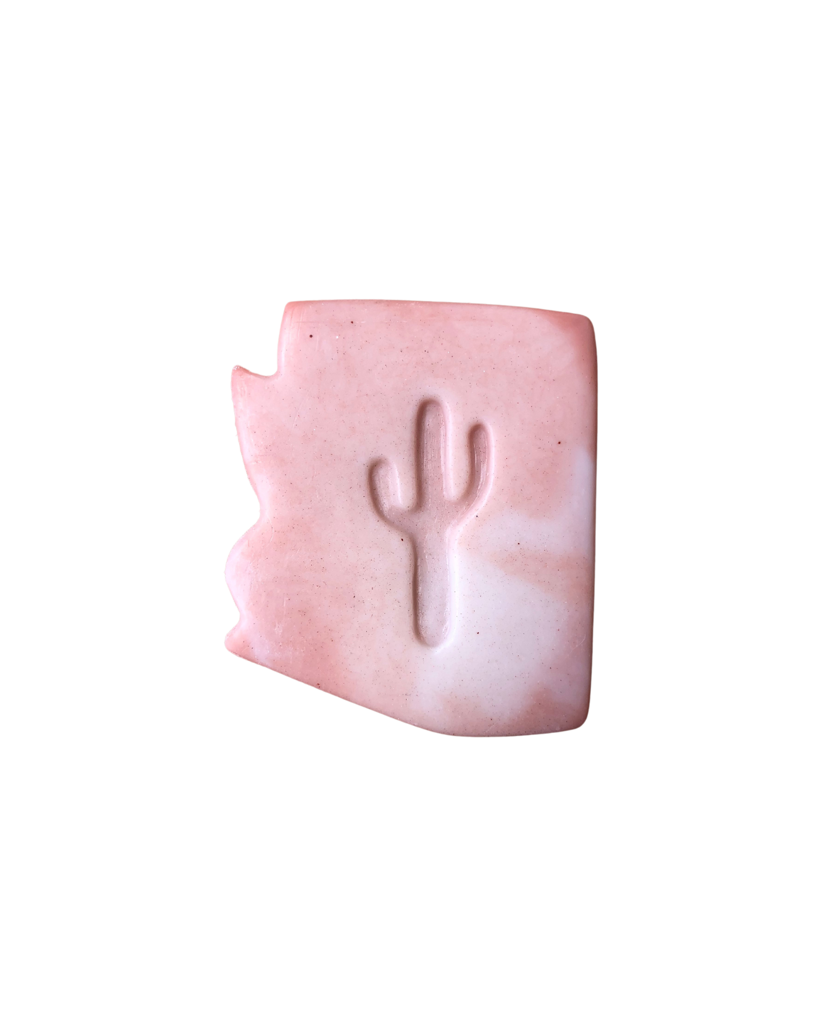 Pink and white swirled arizona shaped soap with saguaro cactus design